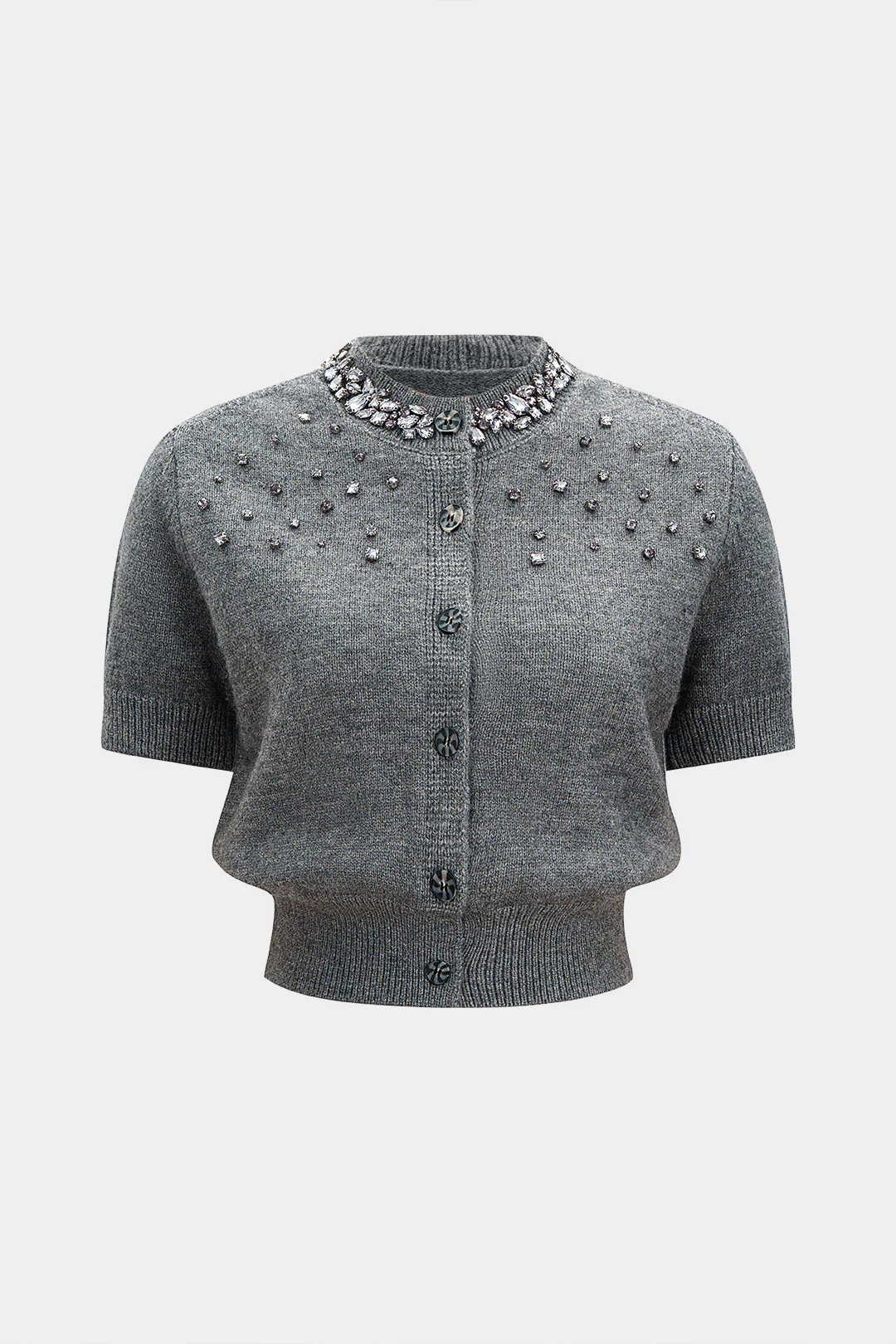 Knit Rhinestone Decor Round Neck Button Short-Sleeve Top - Flockneti
