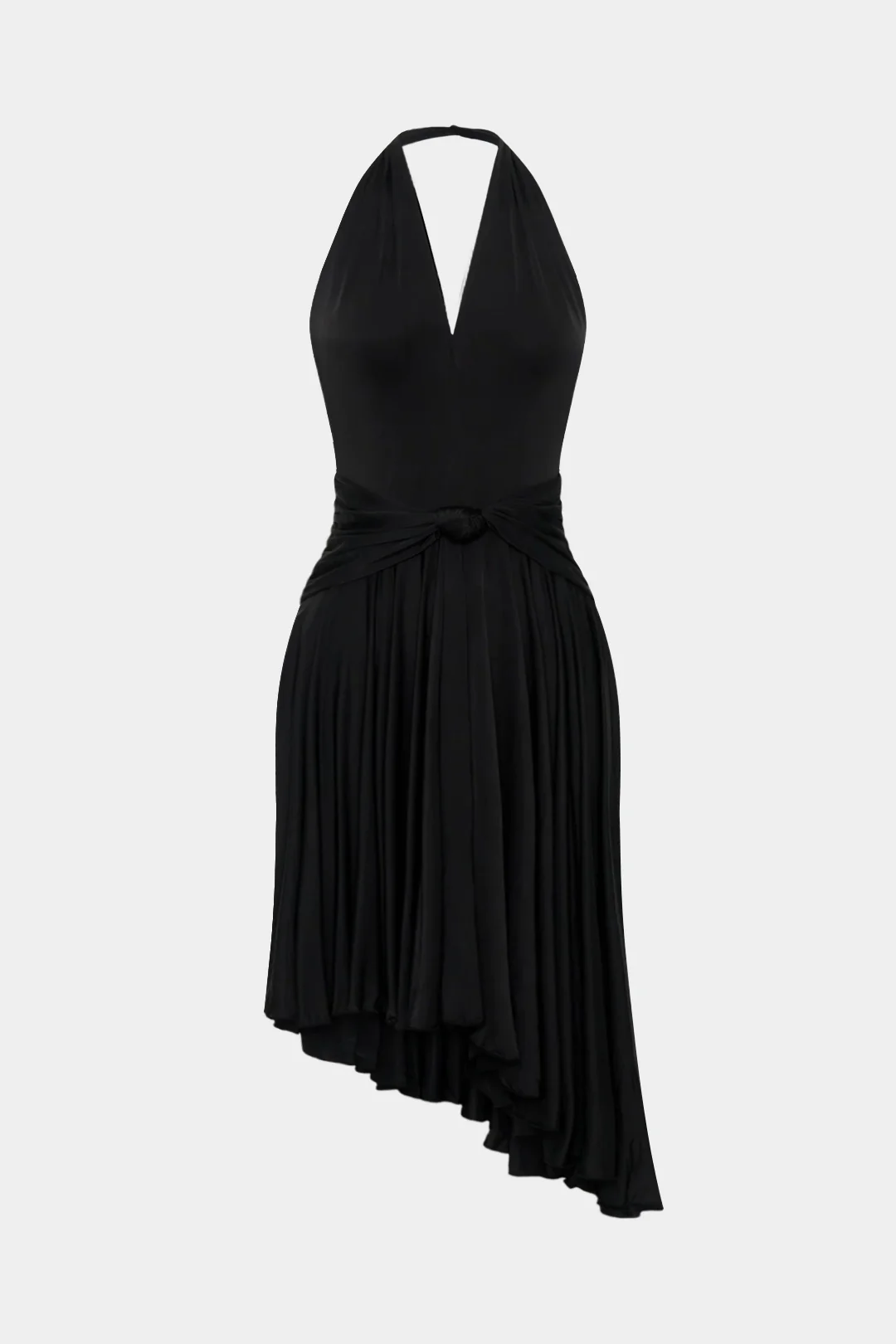 Halter V-Neck Knotted Ruched Sleeveless Midi Dress - Flockneti