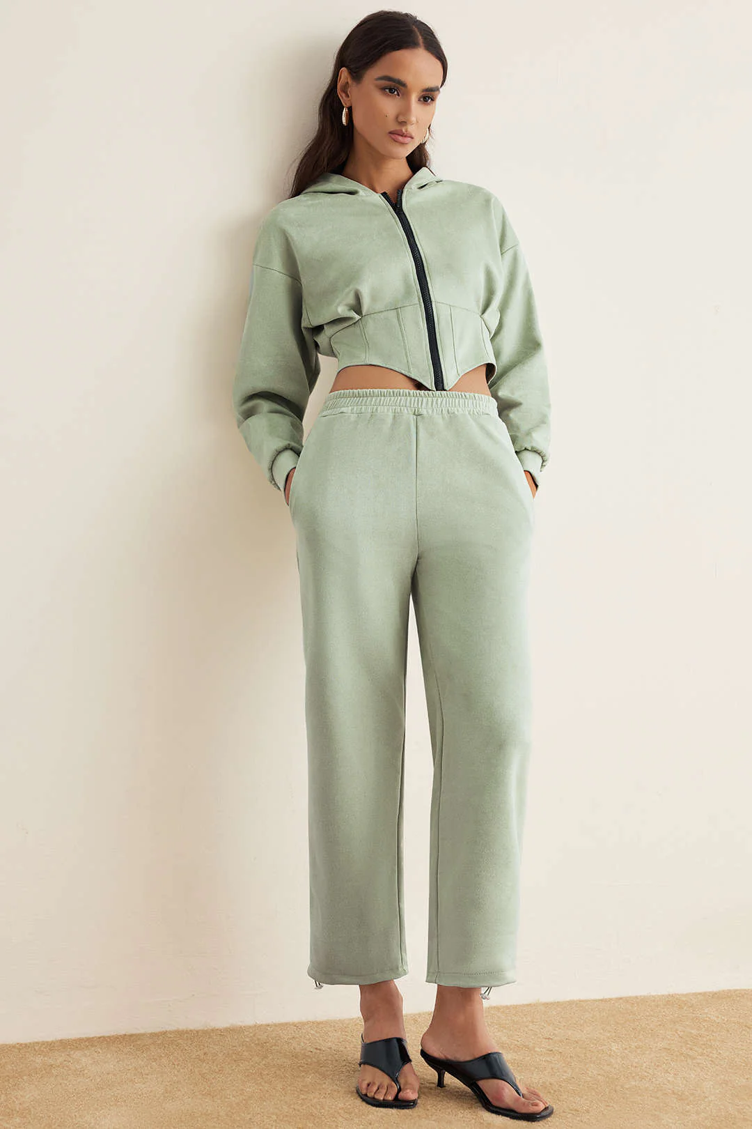 Suede Zipper Waist-Cinching Hoodie And Shirred Waistband Pants Set - Flockneti