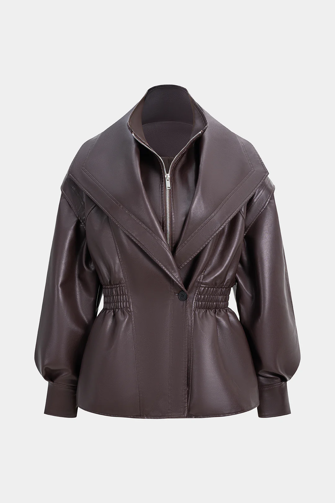 Faux Leather Shirred Zipper Jacket - Flockneti