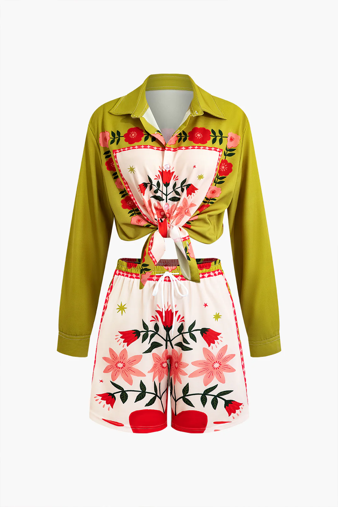 Floral Print Long Sleeve Shirt And Drawstring Shorts Set - Flockneti