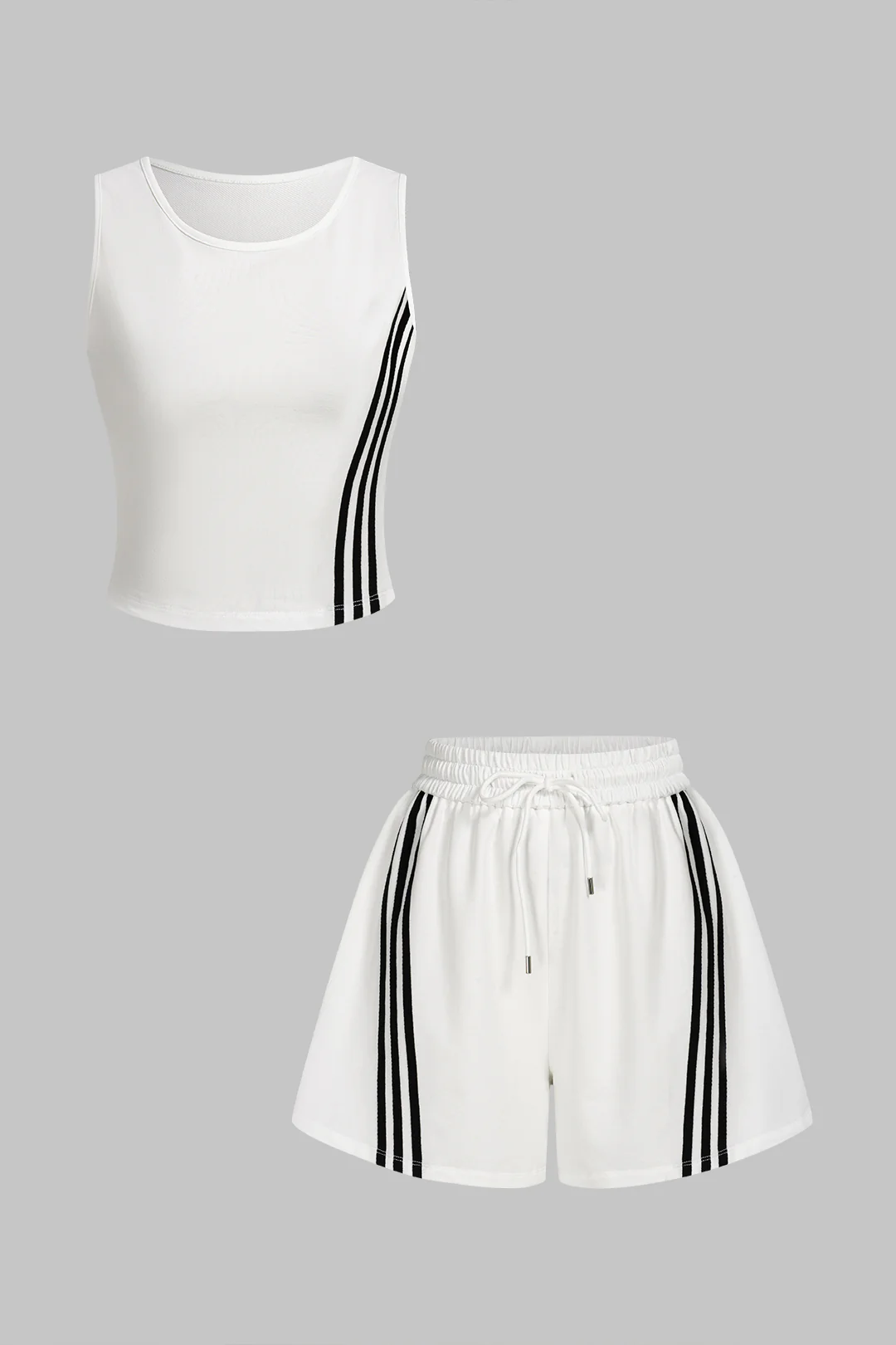 Contrast Striped Round Neck Sleeveless Tank Top And Drawstring Wide Leg Shorts Set - Flockneti