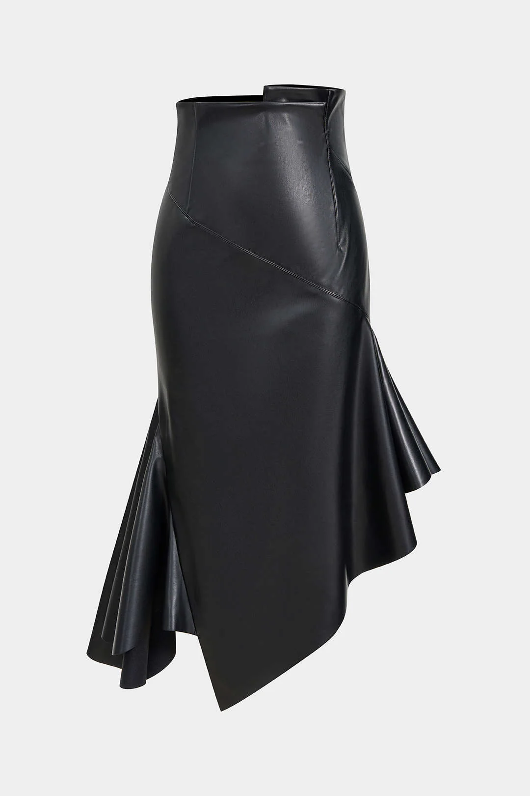 Faux Leather Asymmetrical Hem Ruched Skirt - Flockneti