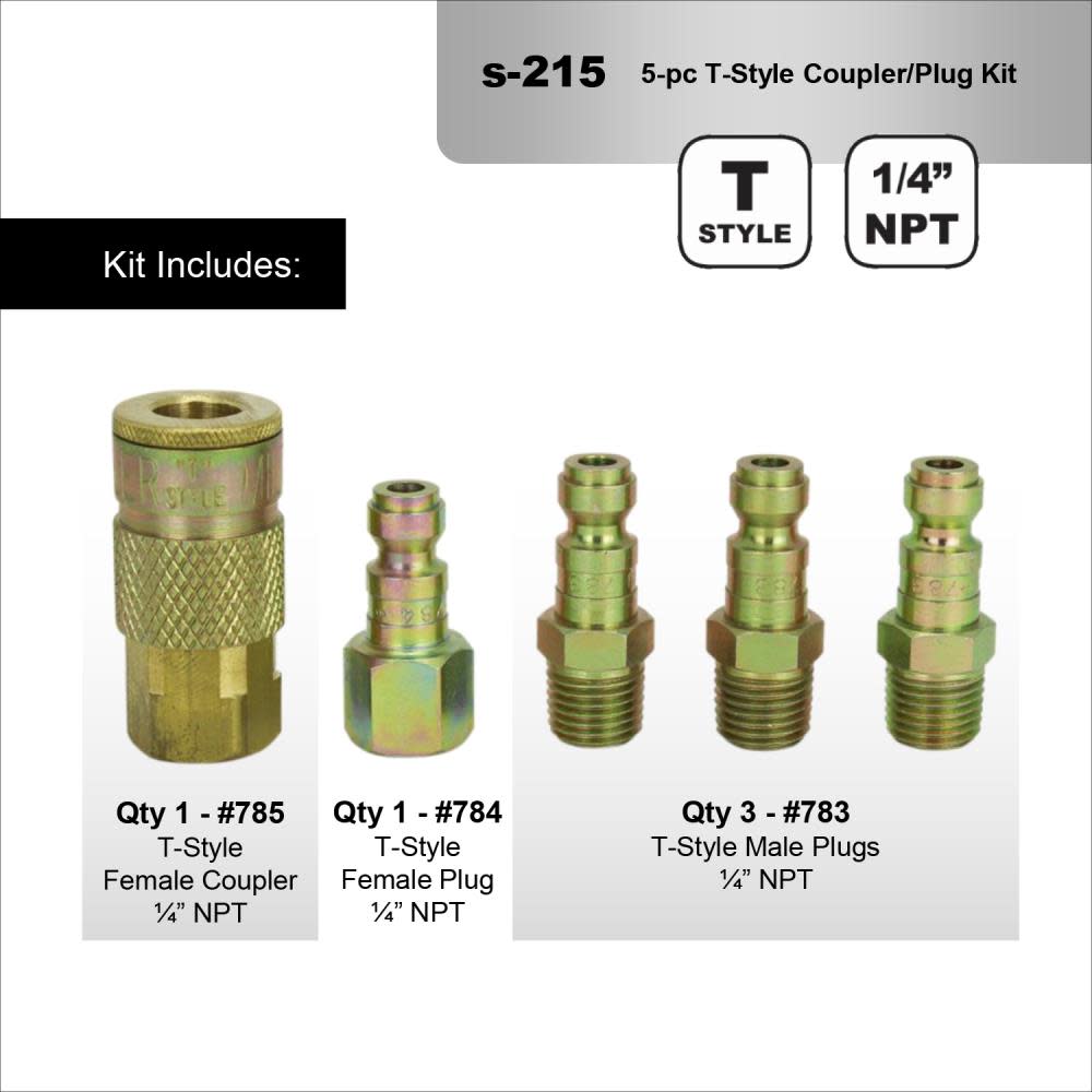 Milton 215 1/4″ NPT T Style Coupler and Plug – 5 Pieces - Flockneti