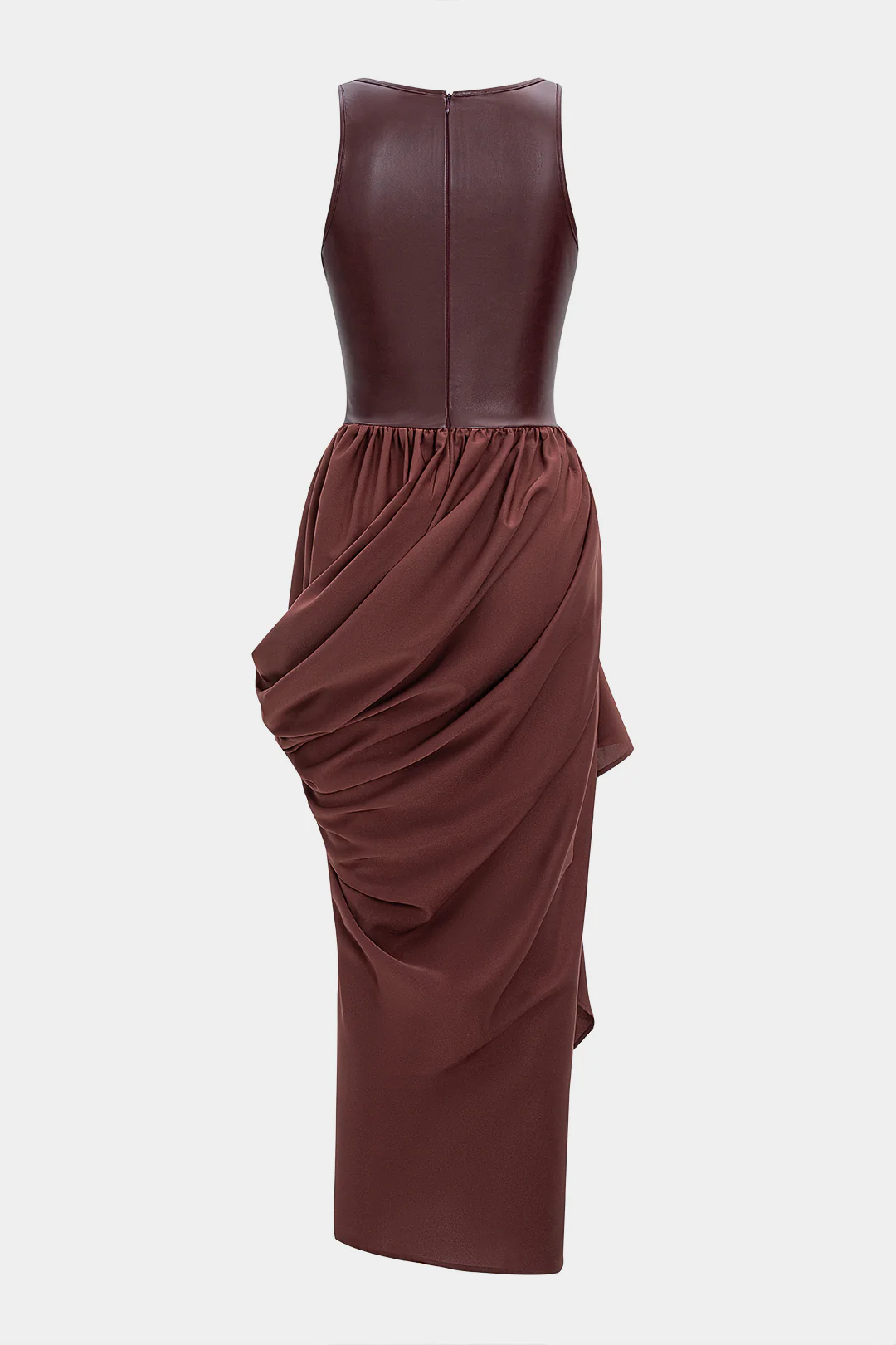 Faux Leather Patchwork Ruched Asymmetrical Sleeveless Maxi Dress - Flockneti