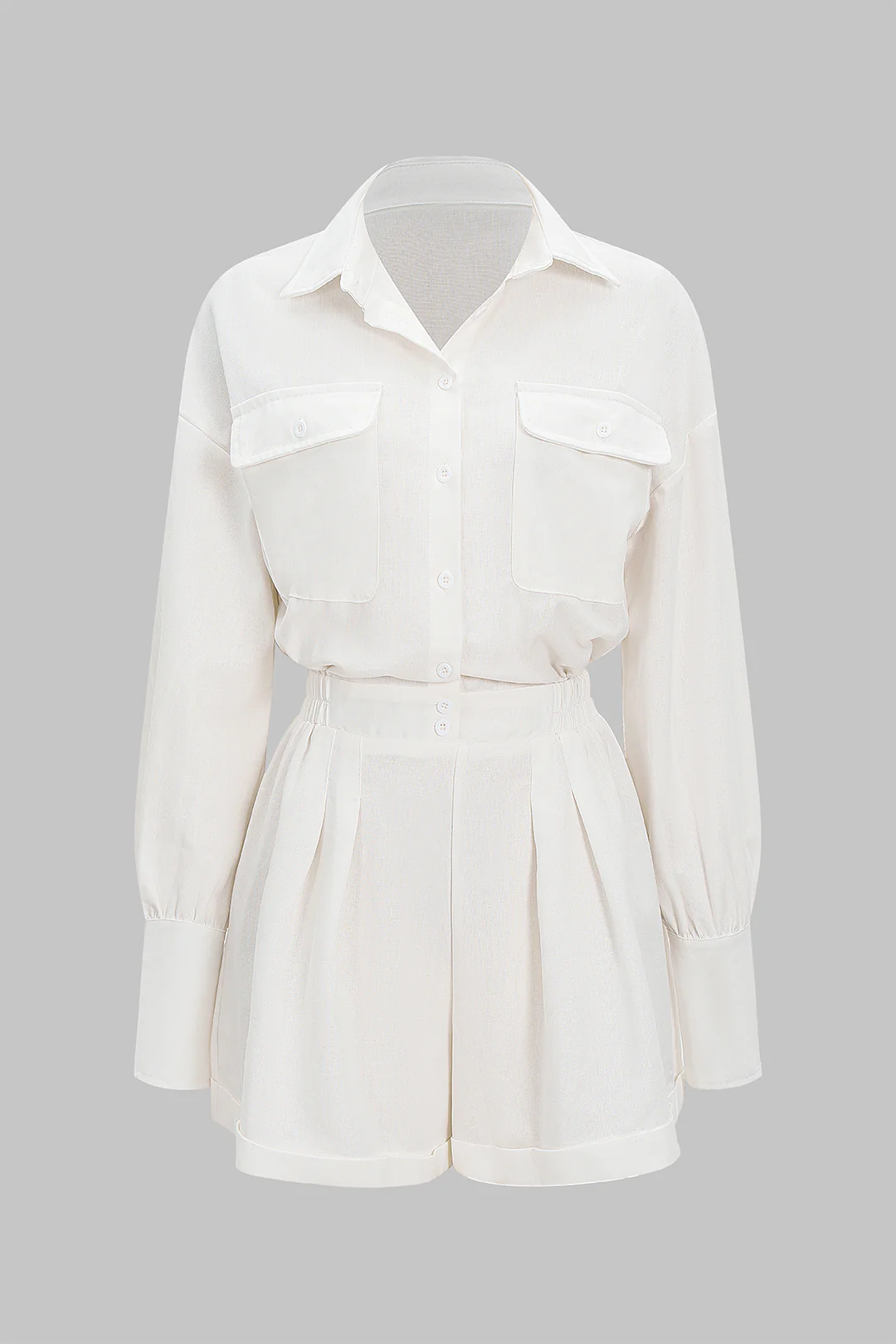Solid Button Belted Ruched Long-Sleeve Romper - Flockneti