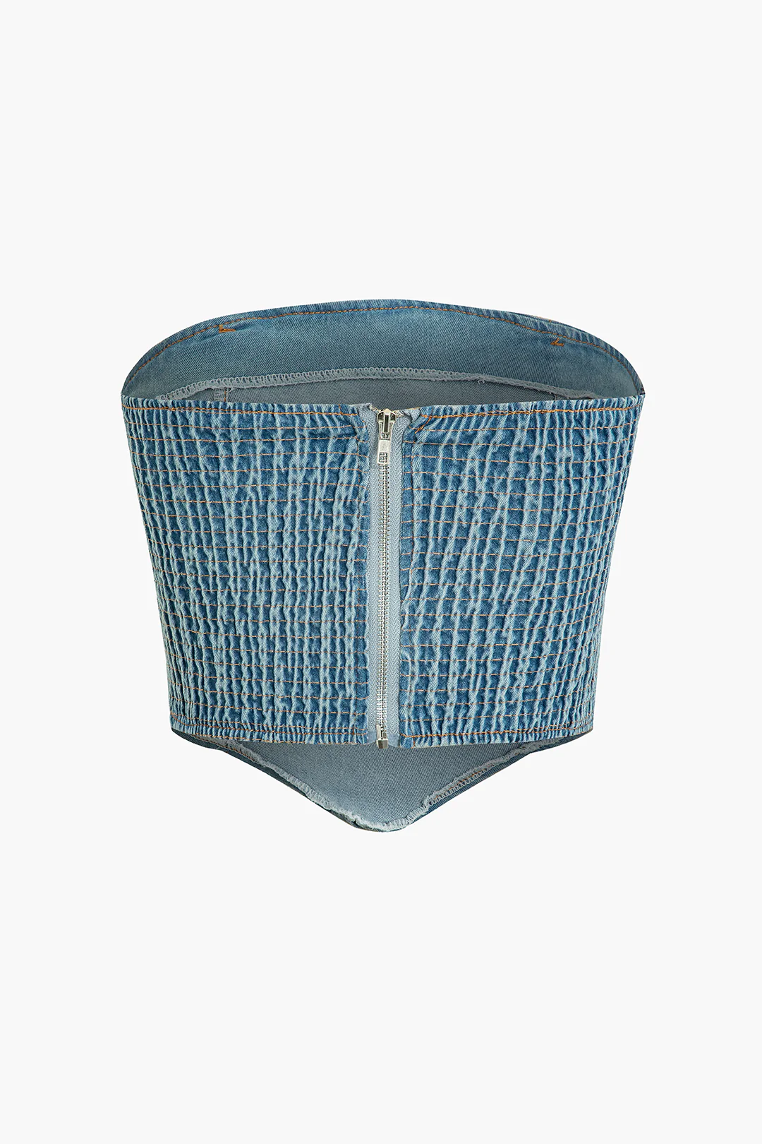 Denim Washed Asymmetrical Smocked Zipper Belted Tube Top - Flockneti
