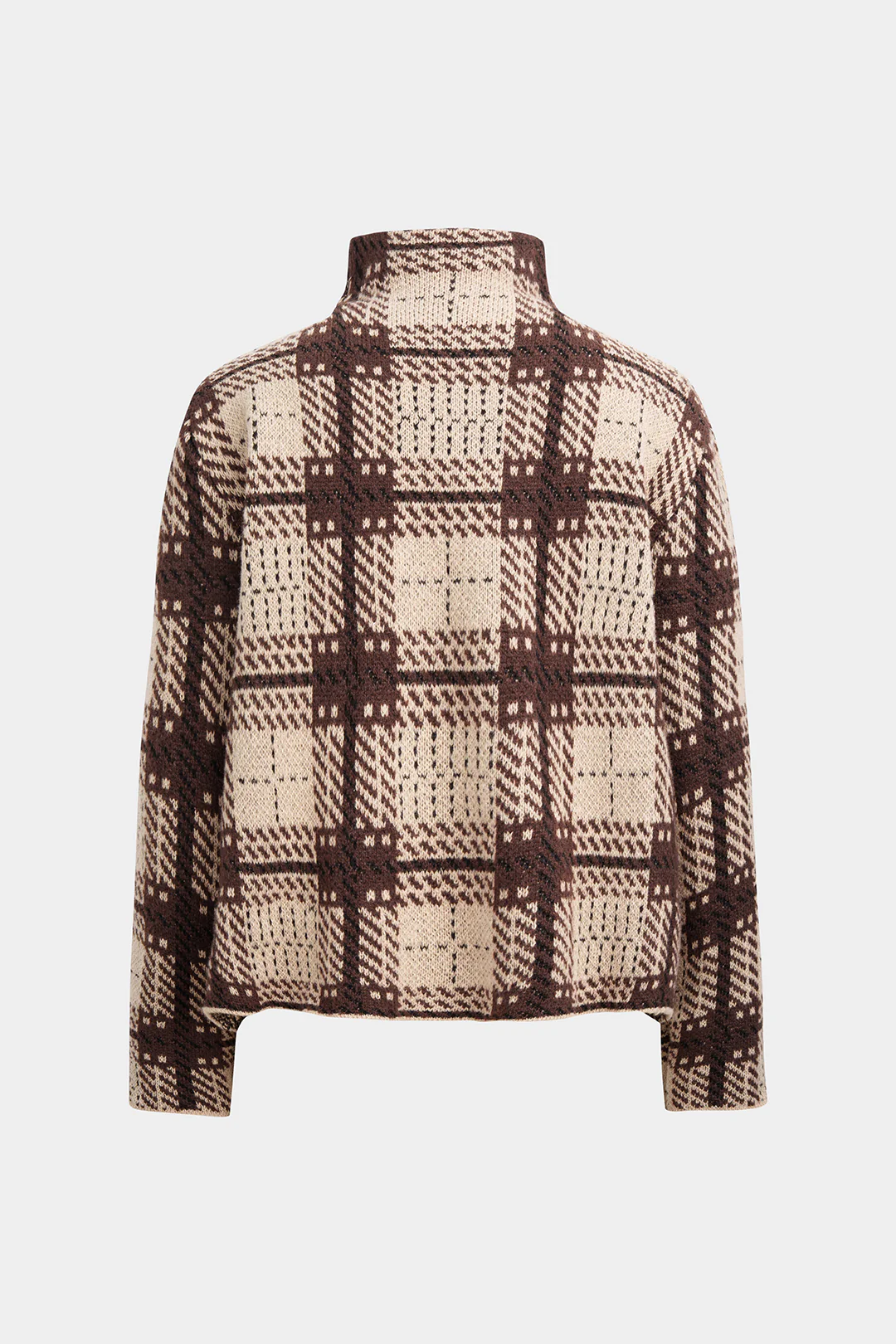 Knit Plaid Print Mock Neck Long-Sleeve Top - Flockneti
