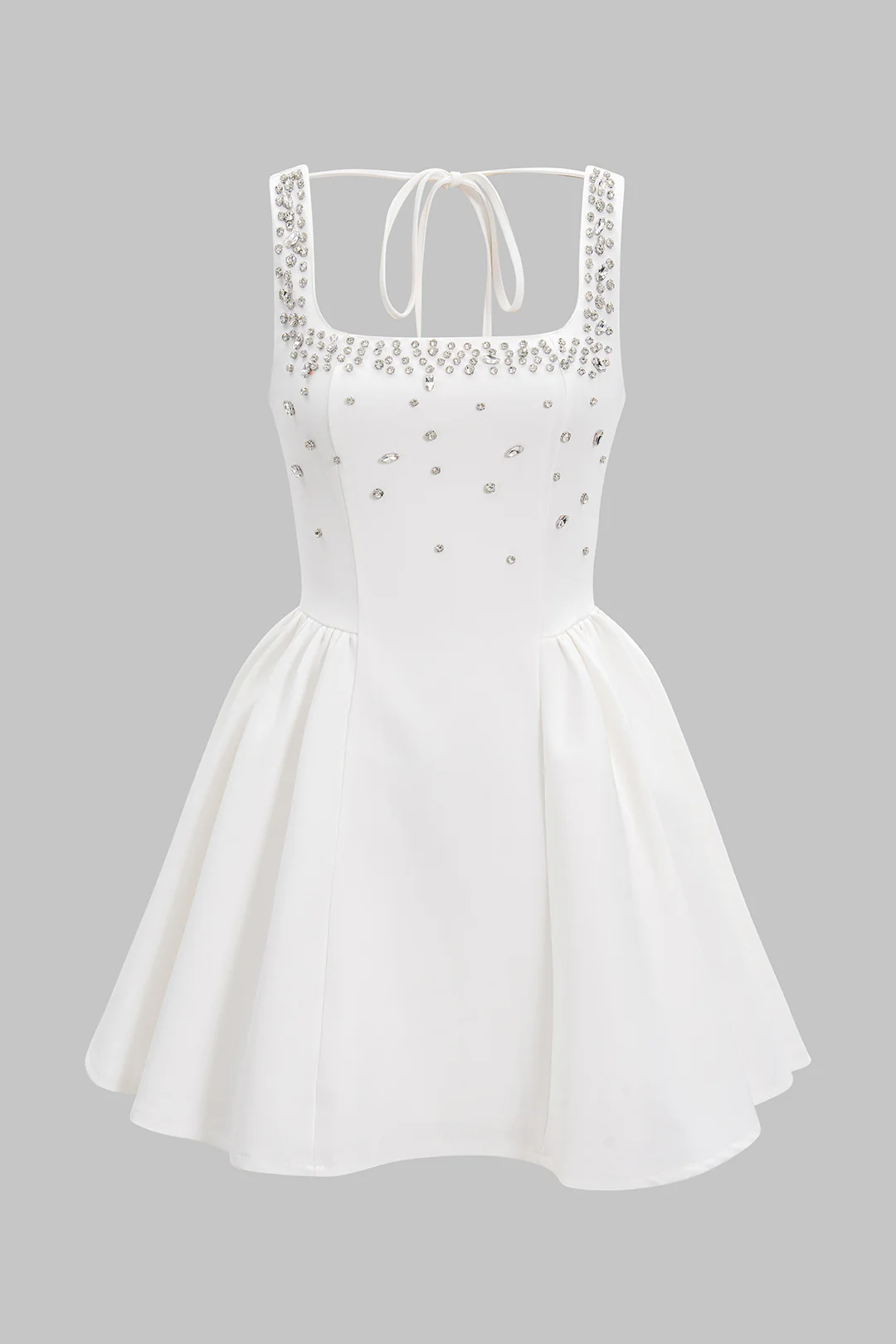 Square Neck Rhinestone Ruched Sleeveless Mini Dress - Flockneti