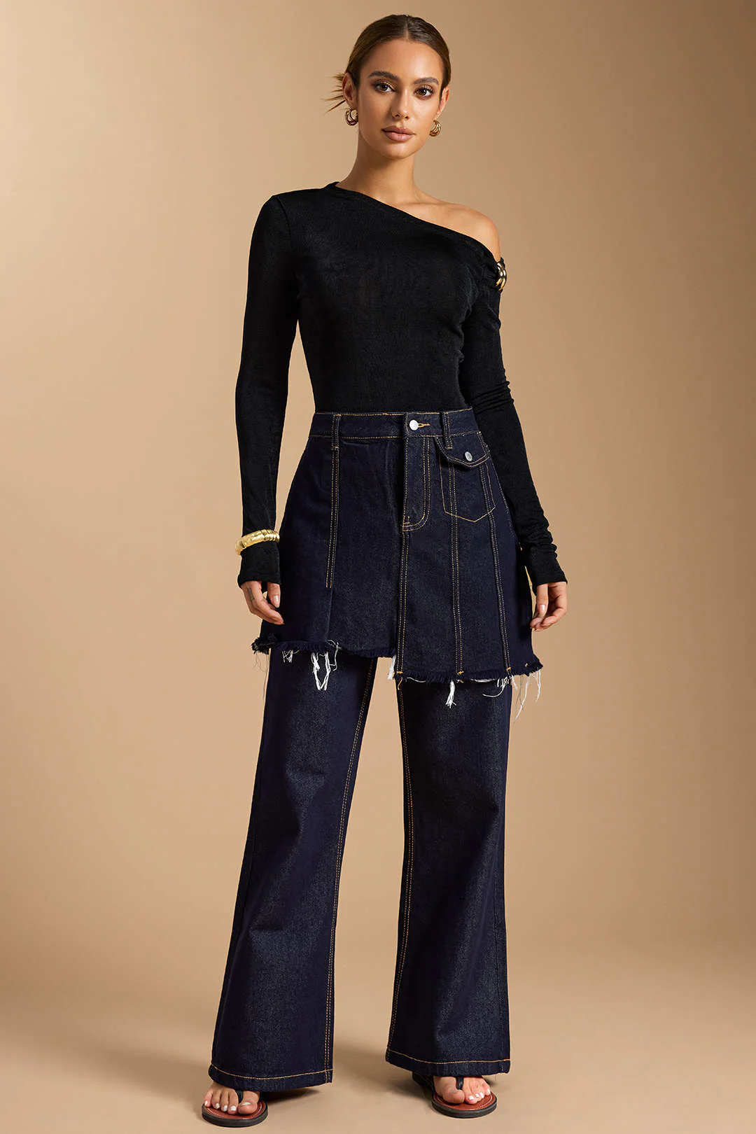 Denim Asymmetrical Frayed Jeans - Flockneti
