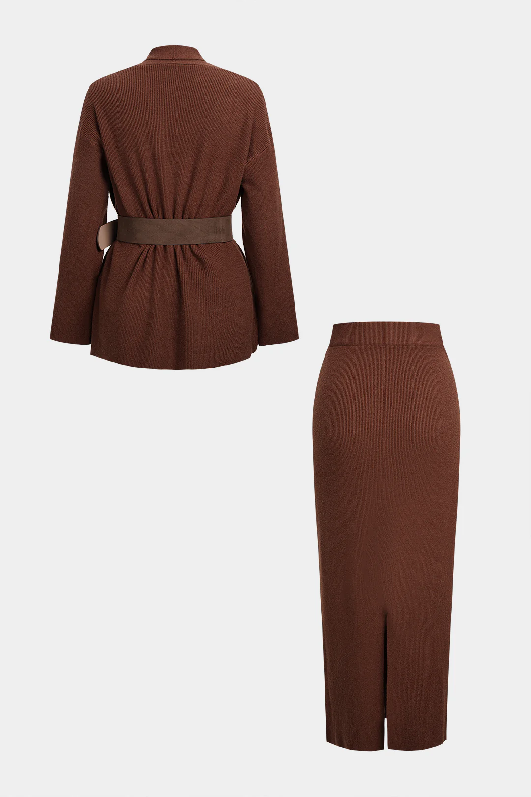 Knit Crossed Belted Long-Sleeve Top And Split Skirt Set - Flockneti