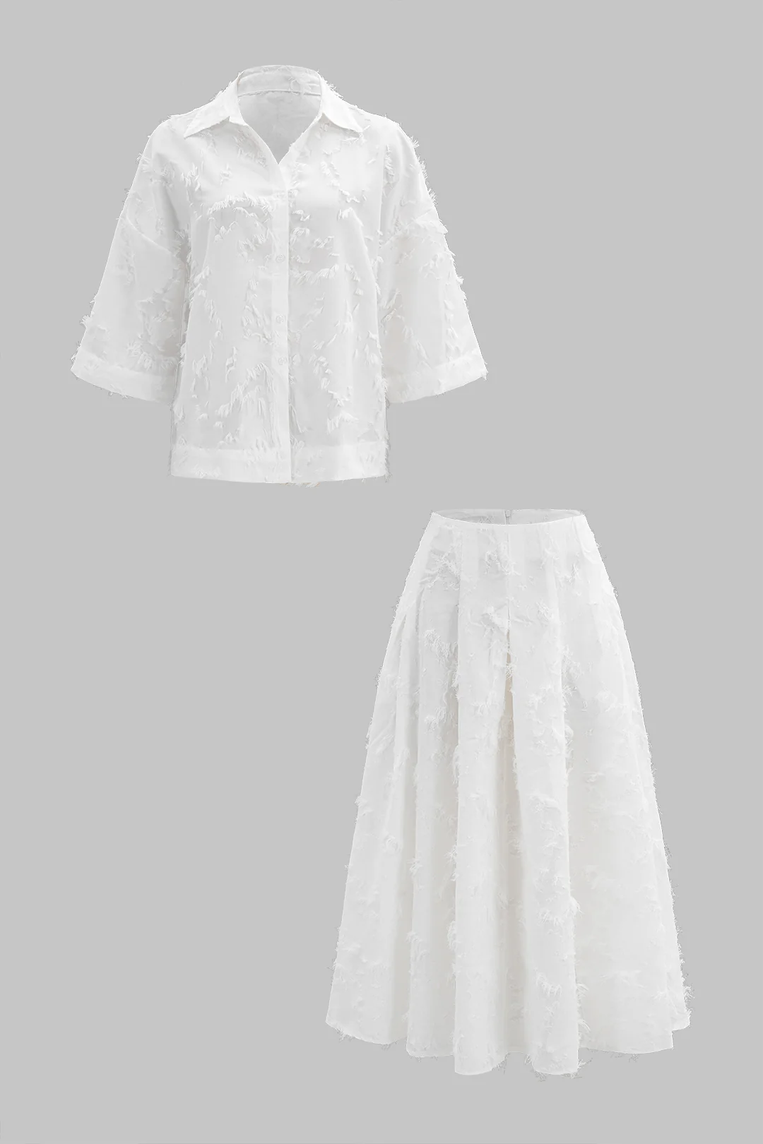 Feather Fringe Long-Sleeve Shirt And Zipper Skirt Set - Flockneti