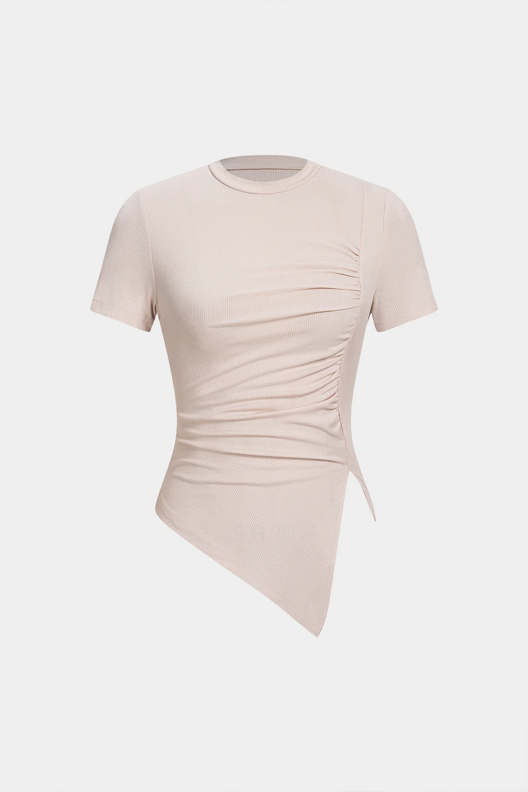 Round Neck Asymmetrical Ruched Short Sleeve T-Shirt - Flockneti