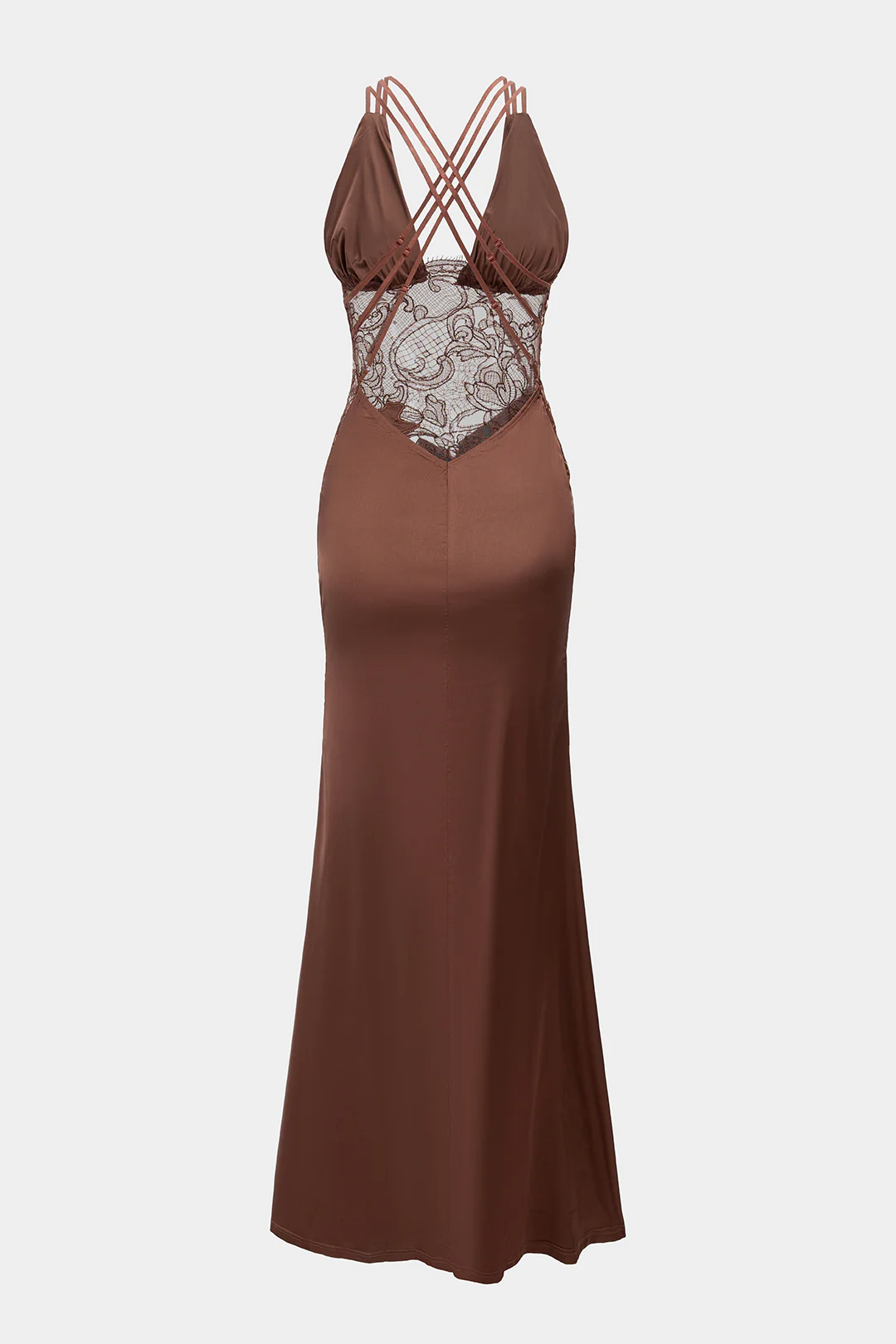 Stain Patchwork Sheer Lace V-Neck Crosssed Backless Maxi Dress - Flockneti