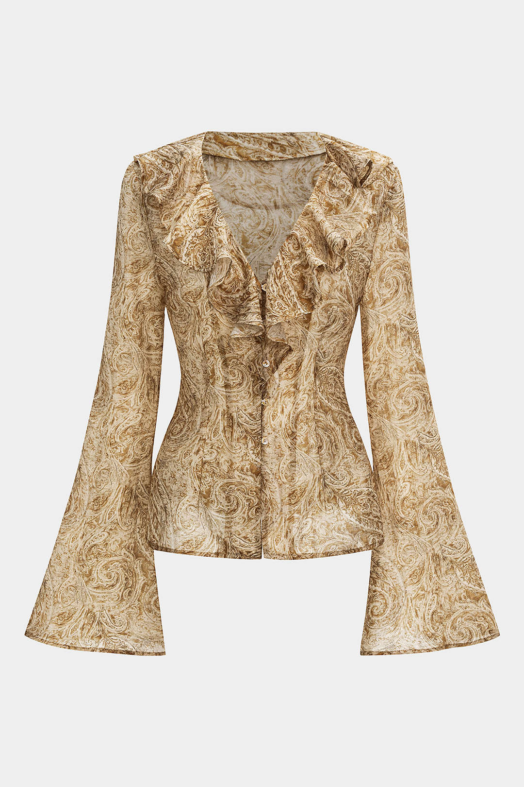 Abstract Print Ruffle Neck Long-Sleeve Shirt - Flockneti
