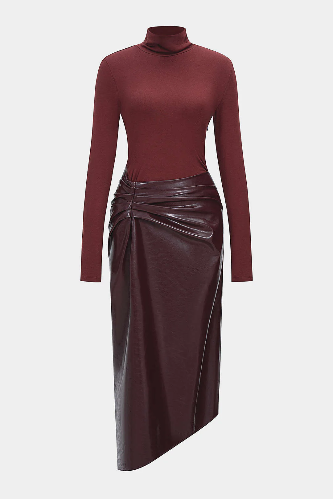 Faux Leather Patchwork Mock Neck Ruched Long Sleeve Maxi Dress - Flockneti