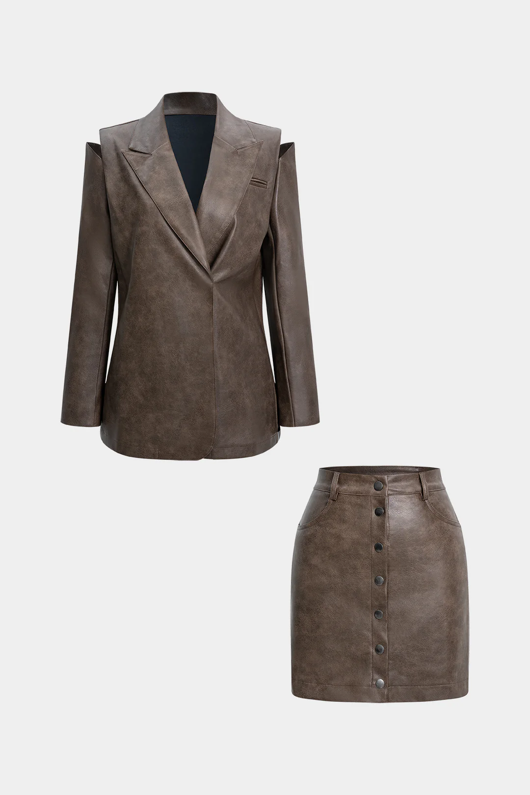 Faux Leather Cut Out Jacket And Mini Skirt Set - Flockneti