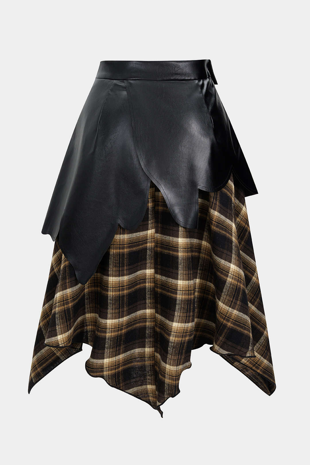 Plus Size Color Block Plaid Print Faux Leather Patchwork Tie-Up Asymmetrical Pocket Skirt - Flockneti