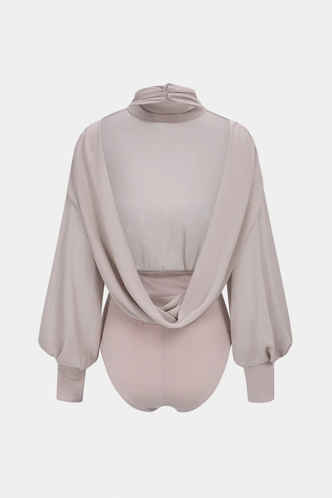 Chiffon Patchwork Mock Neck Backless Long Sleeve Bodysuit - Flockneti