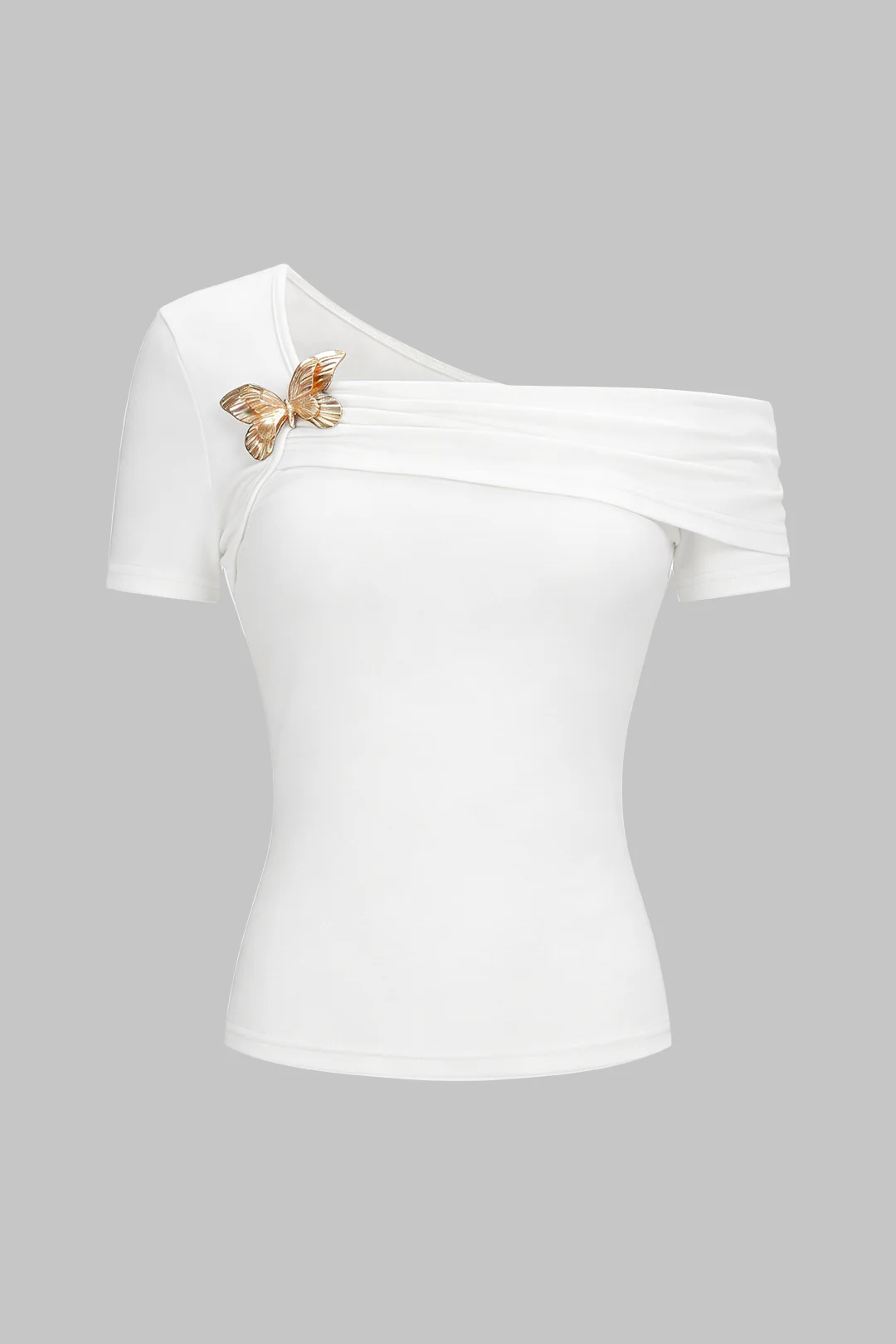 Metallic Decor One Shoulder Asymmetrical Short Sleeve T-Shirt - Flockneti
