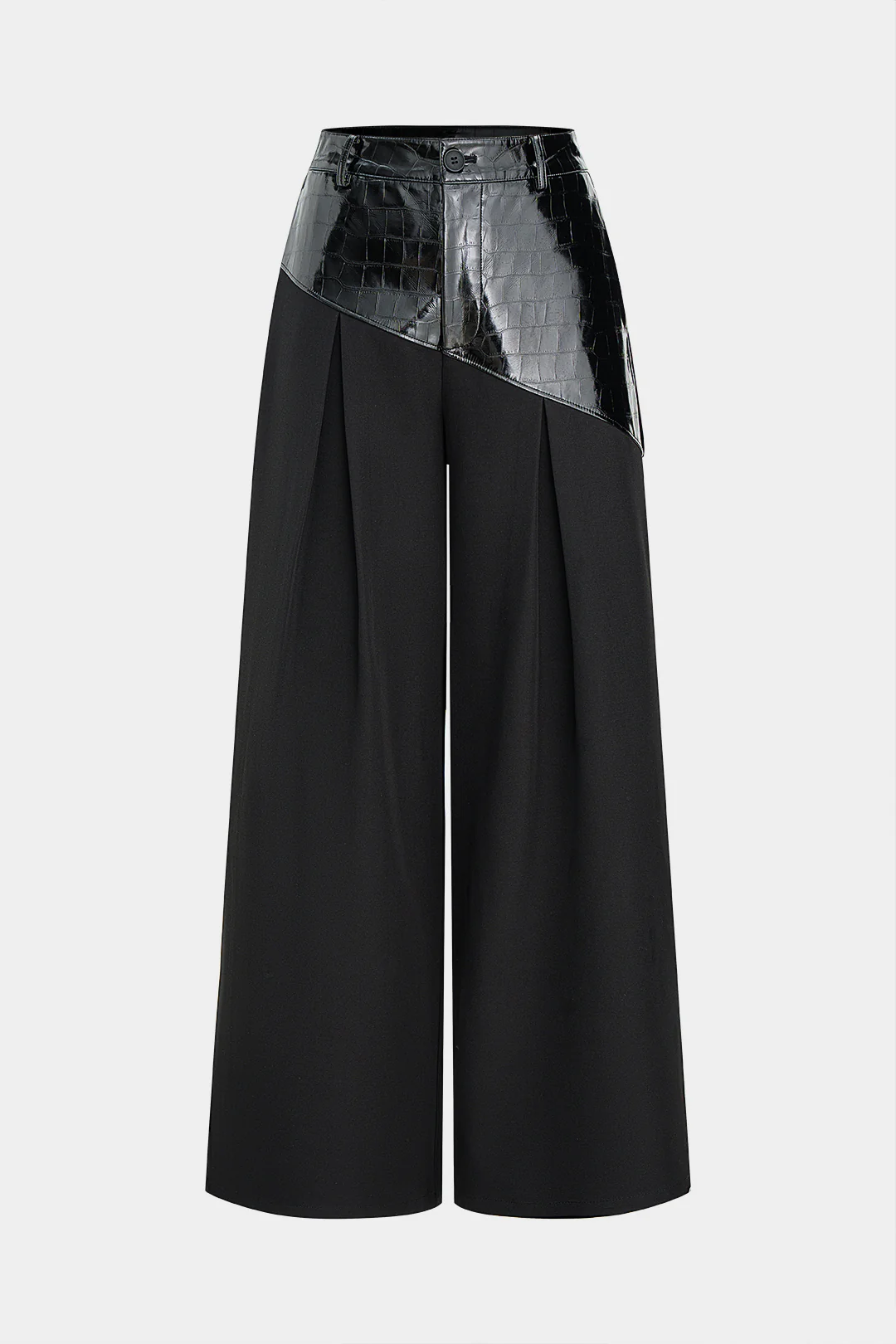 Faux Leather Patchwork Asymmetrical Straight Leg Pants - Flockneti