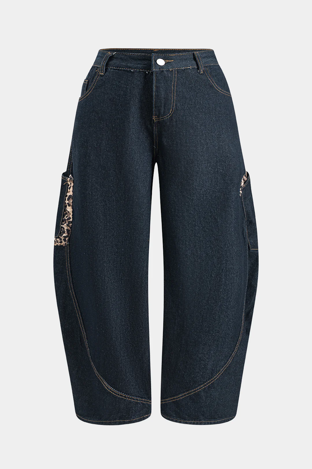 Plus Size Leopard Print Denim Patchwork Button Pocket Wide Leg Barrel Jeans - Flockneti
