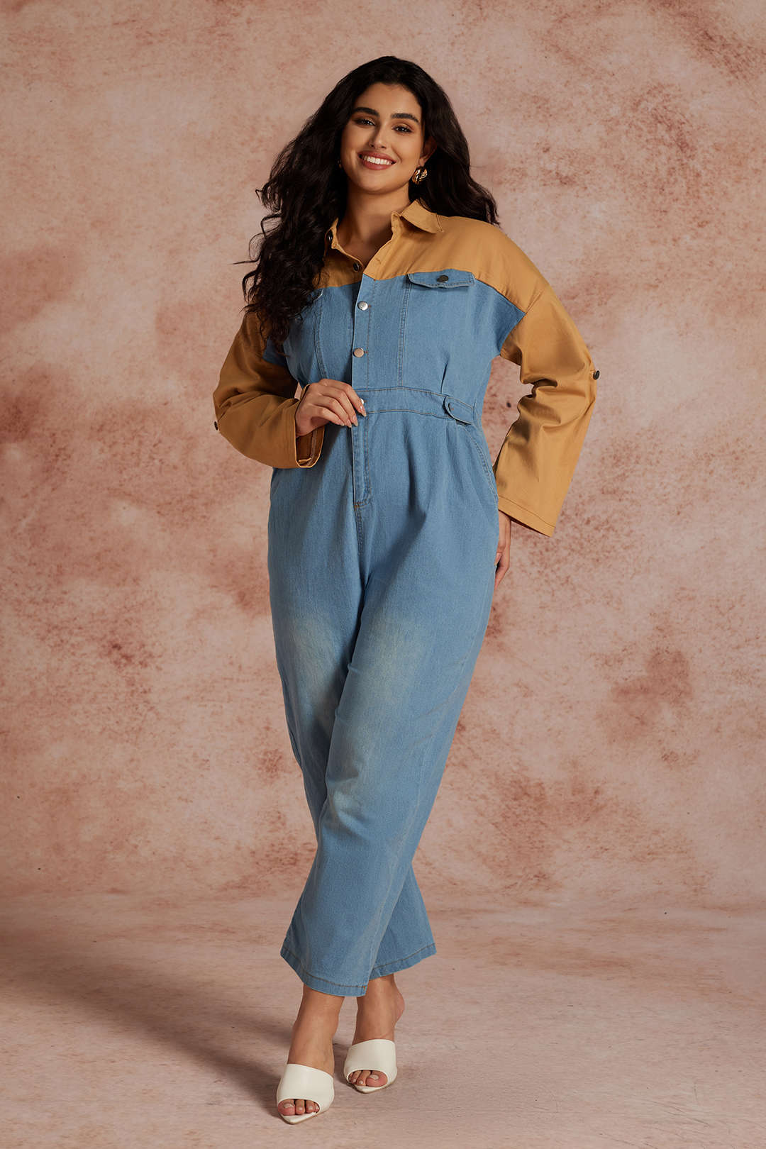 Plus Size Color Block Long Sleeve Jumpsuit - Flockneti