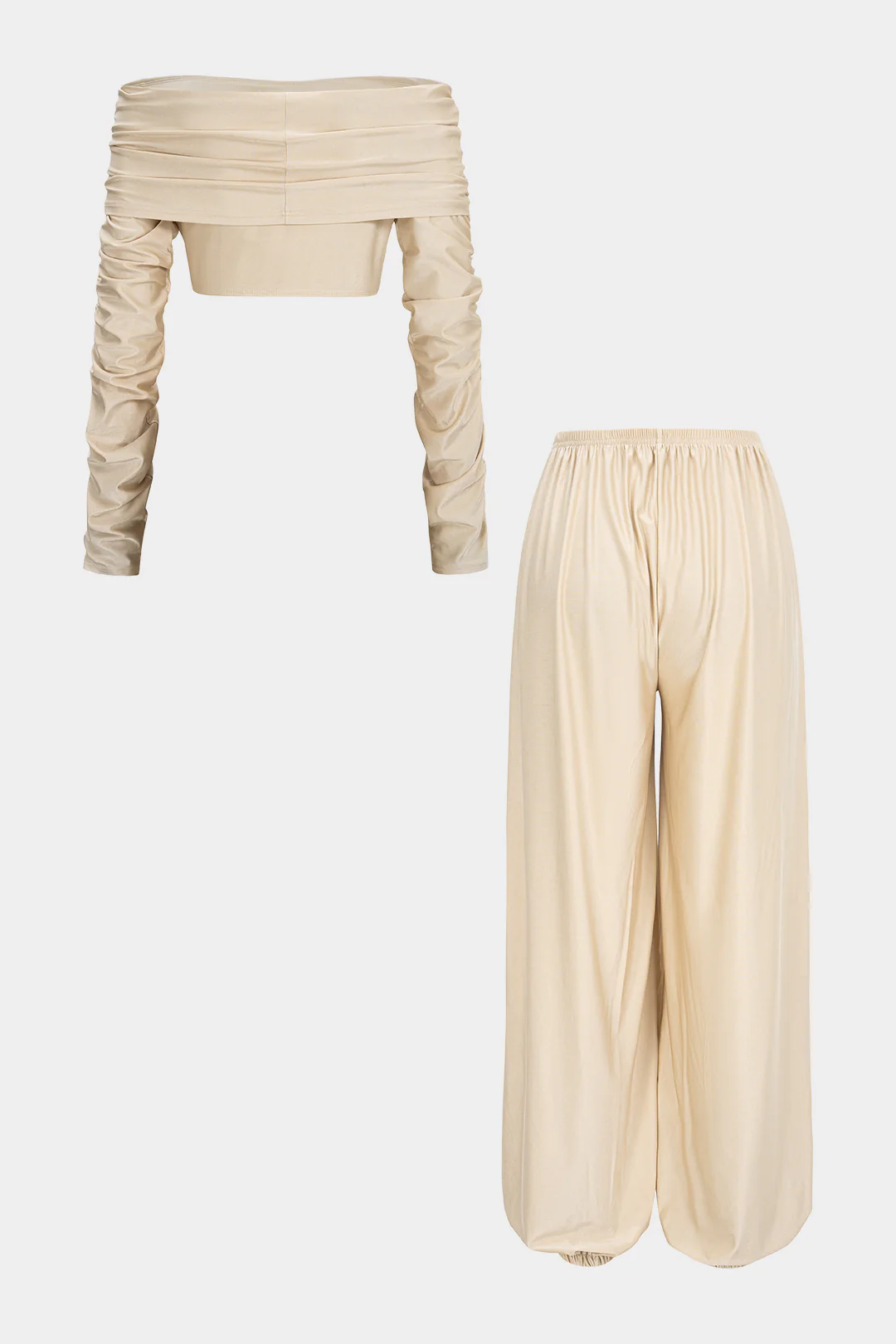 Ruched Off Shoulder Long Sleeve Cropped Top And High Waist Lantern Pants Set - Flockneti