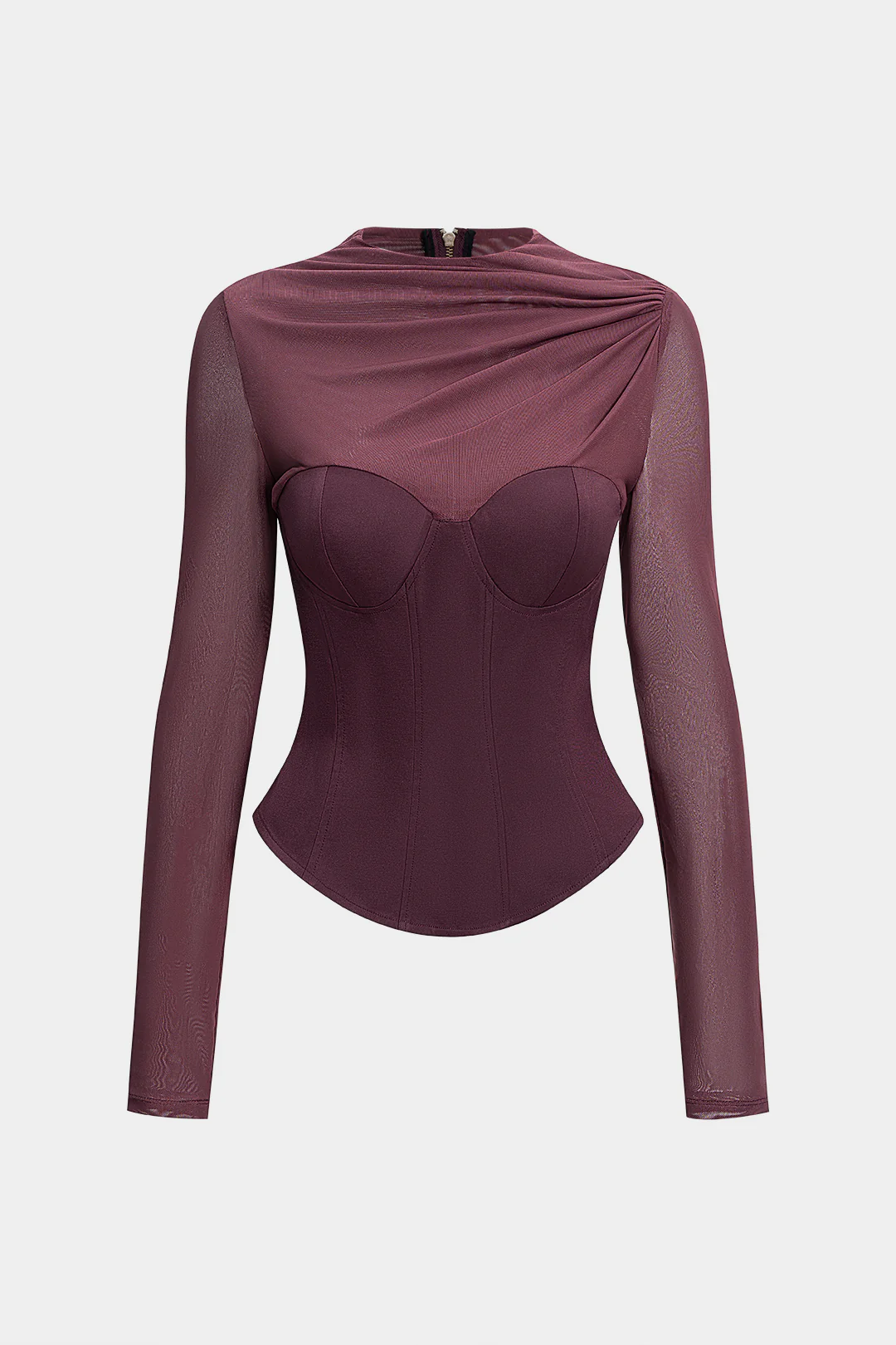 Mesh Patchwork Asymmetrical Ruched Long-Sleeve Top - Flockneti