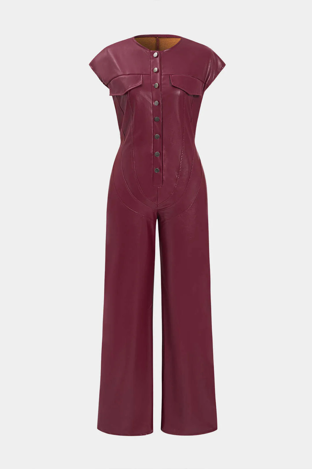 Faux Leather Button Jumpsuit - Flockneti