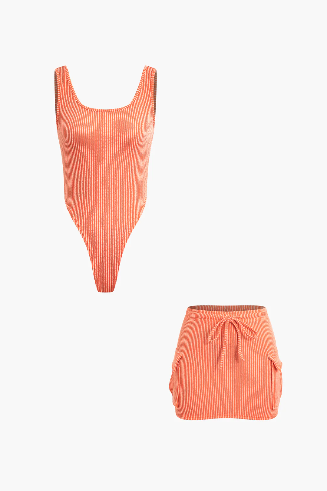 Stripes Bikini And Drawstring Pocket Skirt Set - Flockneti