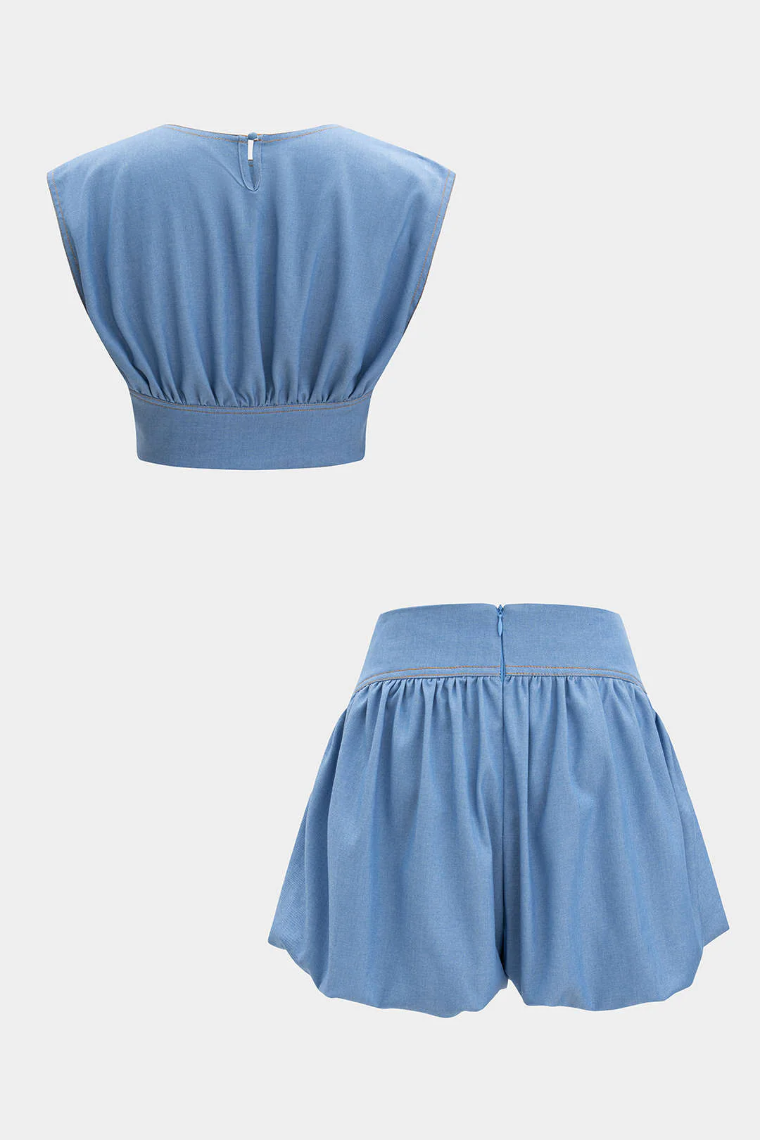 Denim Ruched Tank Top And Zipper Detail Shorts Set - Flockneti
