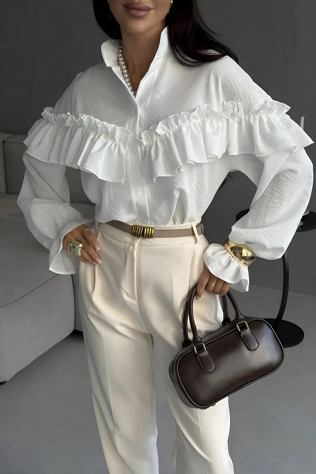 Solid Ruffle Long-Sleeve Shirt - Flockneti