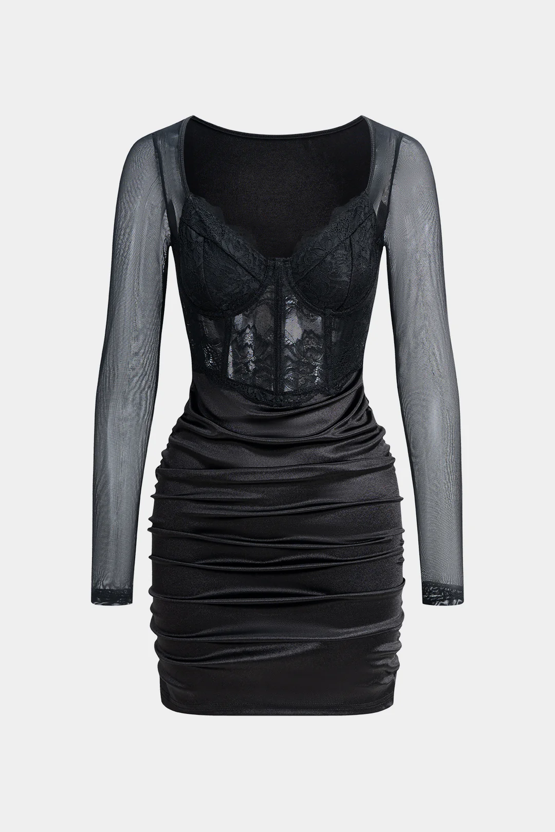 Mesh Patchwork Ruched Corset Long Sleeve Mini Dress - Flockneti