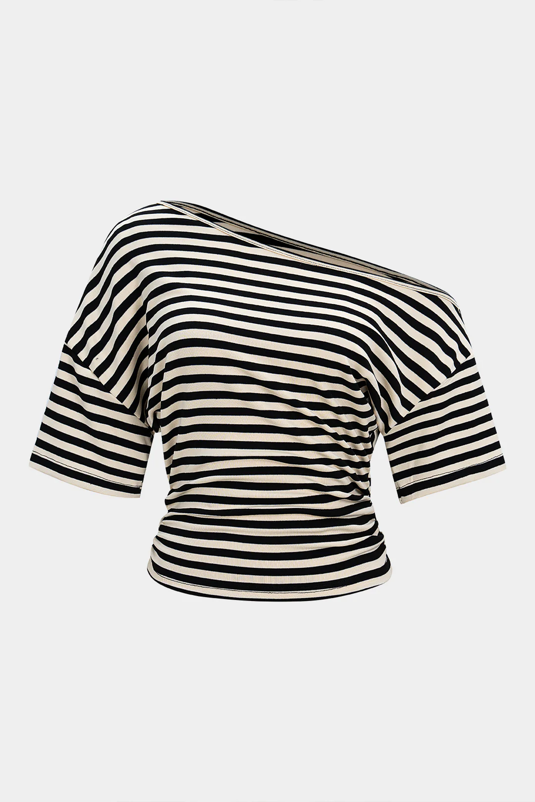 Stripes Print Waist-Cinching One Shoulder Long Sleeve T-Shirt - Flockneti