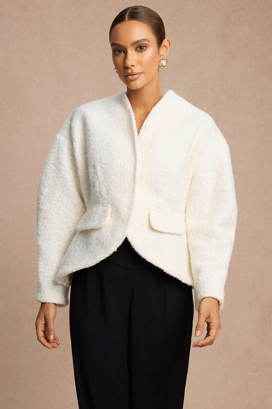 Woolen Fake Pockets Cropped Jacket - Flockneti