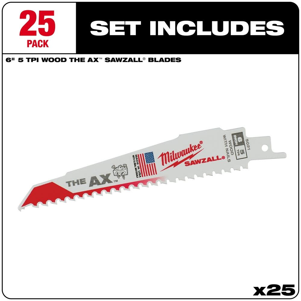 Milwaukee 6 in. 5 TPI The Ax SAWZALL Blade 25PK - Flockneti