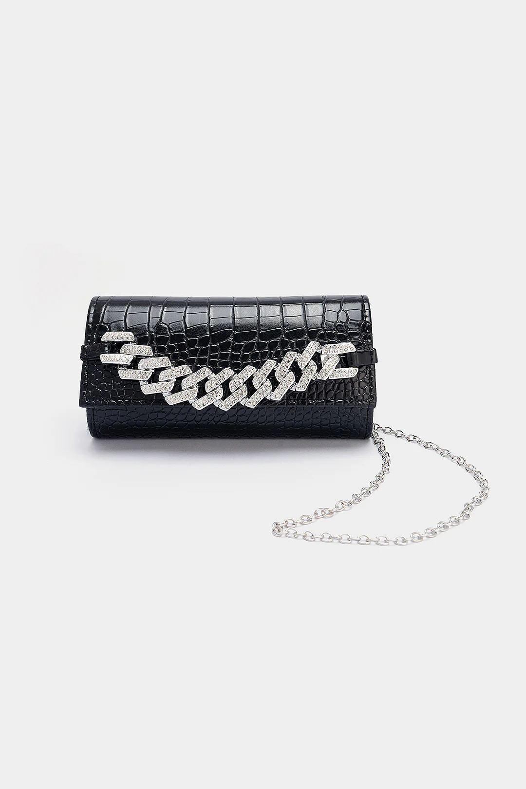Croc Print Faux Leather Rhinestone Decor Meatllic Chain Cross-Body Bag - Flockneti