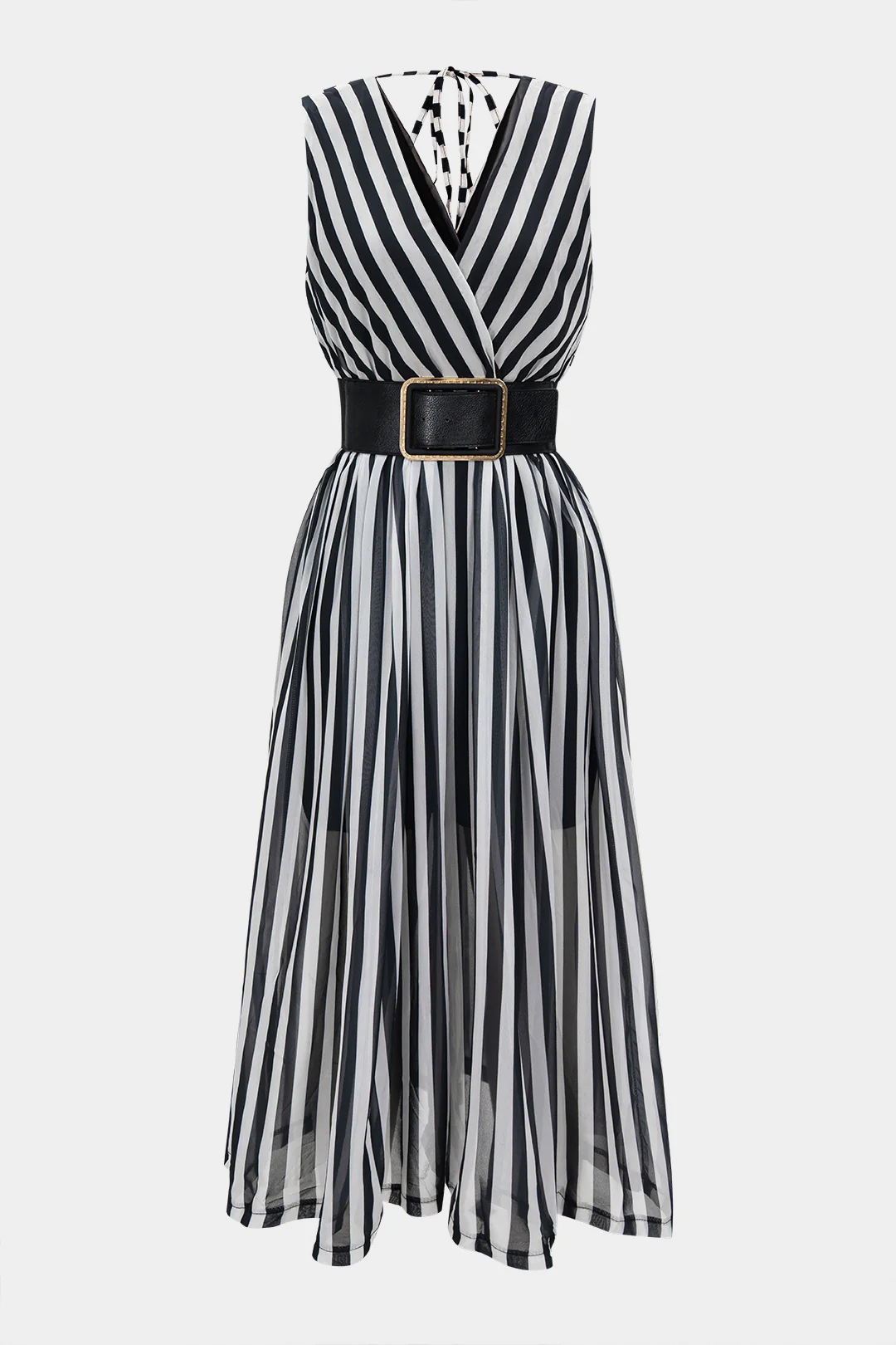 Stripes Print Chiffon Belted Tie Back Sleeveless Jumpsuit - Flockneti