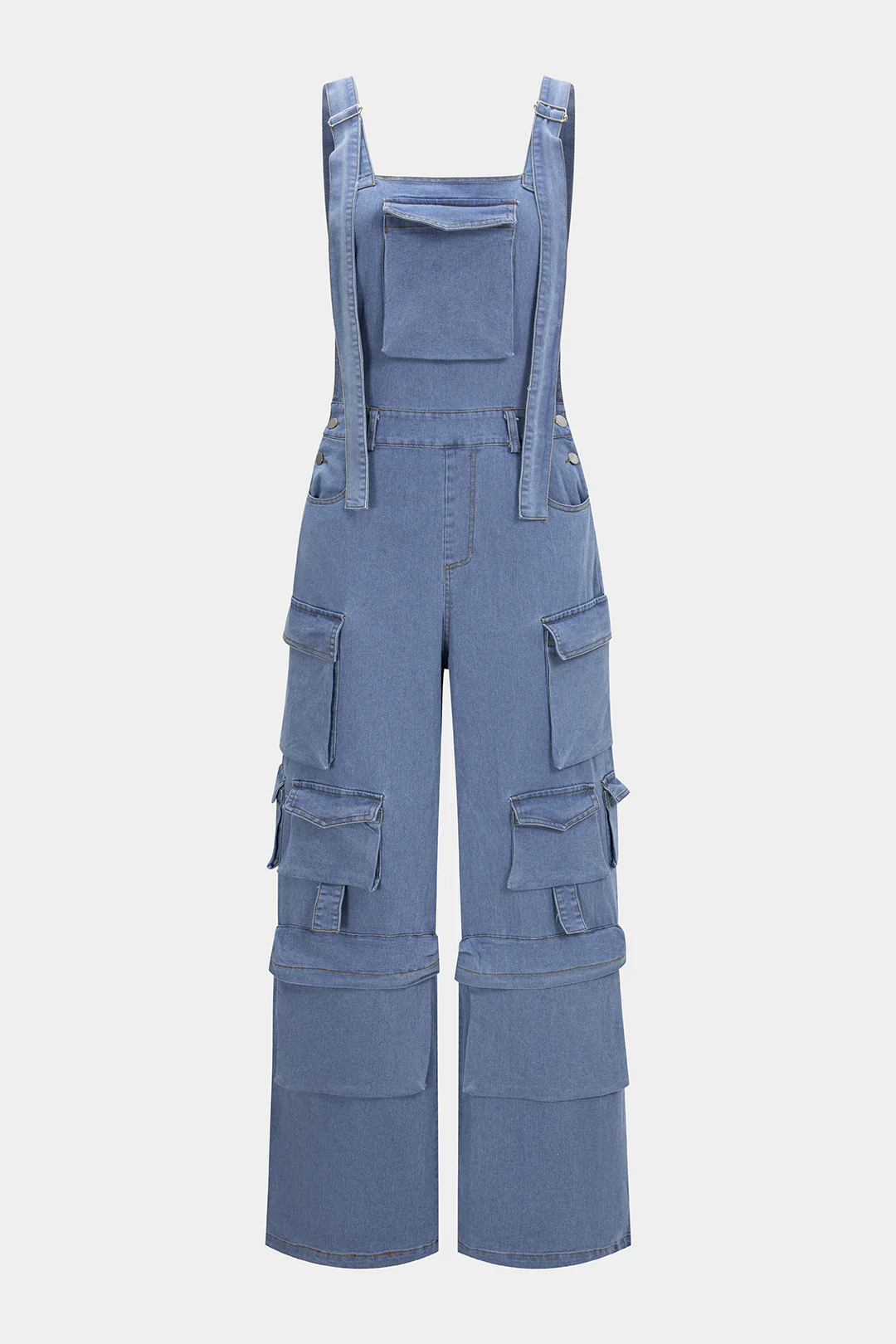 Denim Square Neck Pocket Sleeveless Jumpsuit - Flockneti