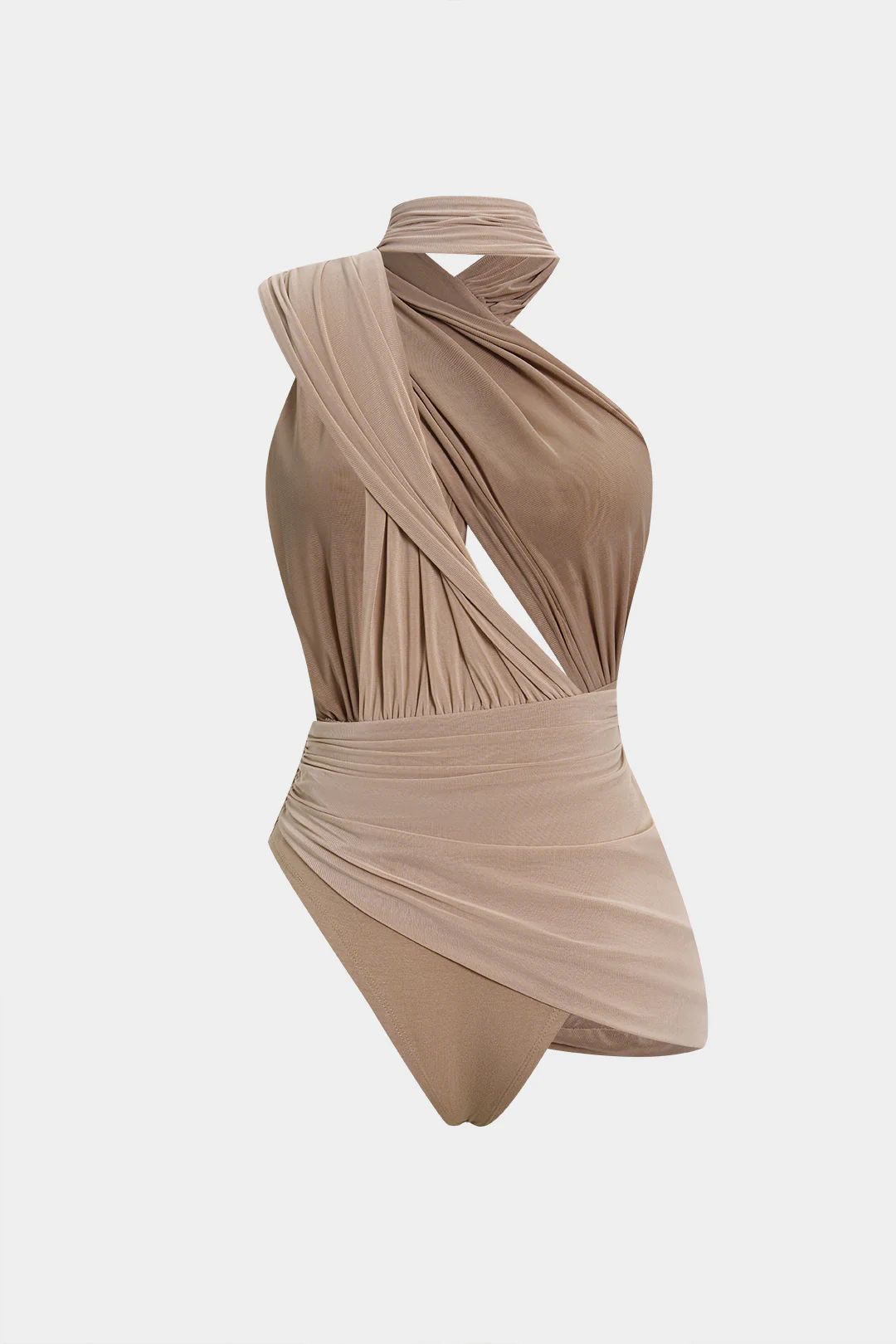Mesh Asymmetrical Ruched Cut Out Bodysuit - Flockneti