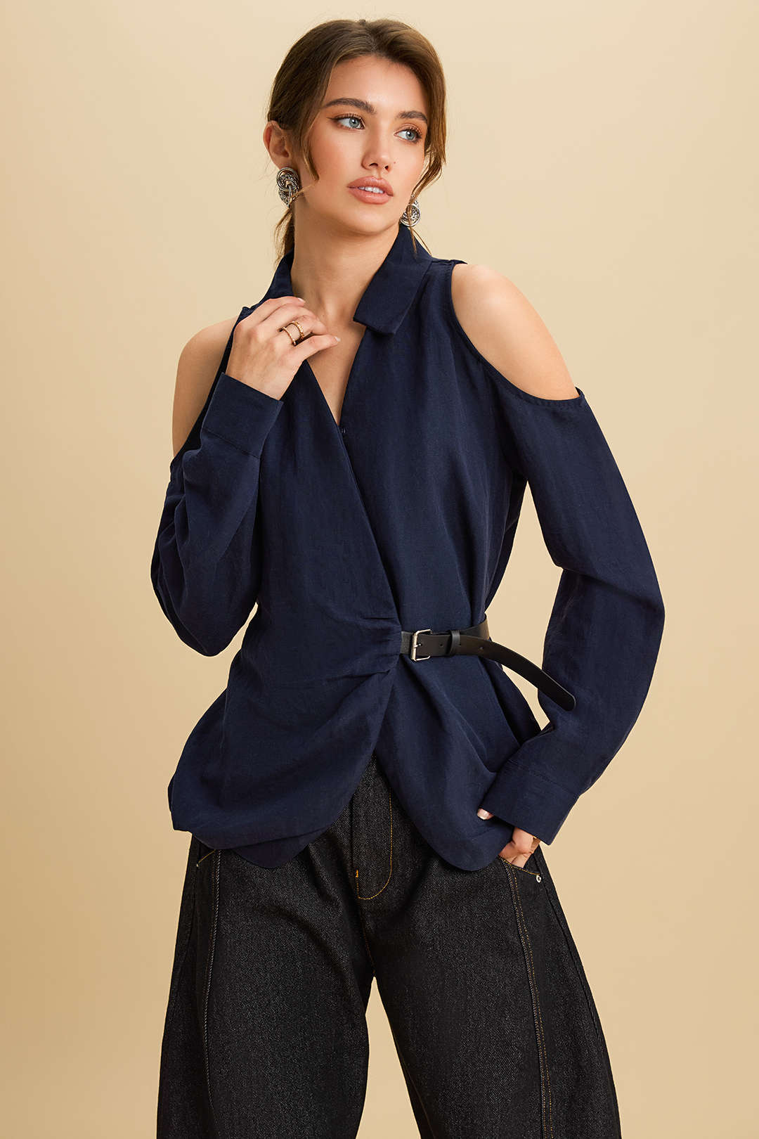 Linen Asymmetrical Belted Cut Out Long-Sleeve Shirt - Flockneti