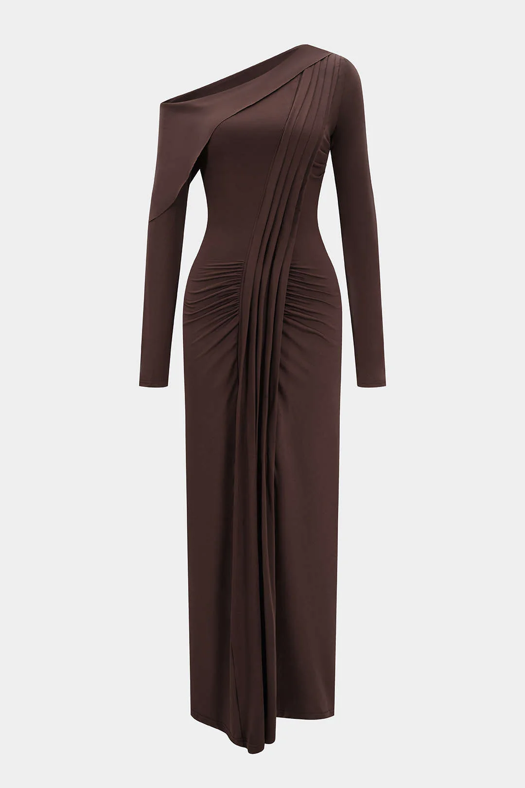 Asymmetrical Neck Ruched Long-Sleeve Maxi Dress - Flockneti