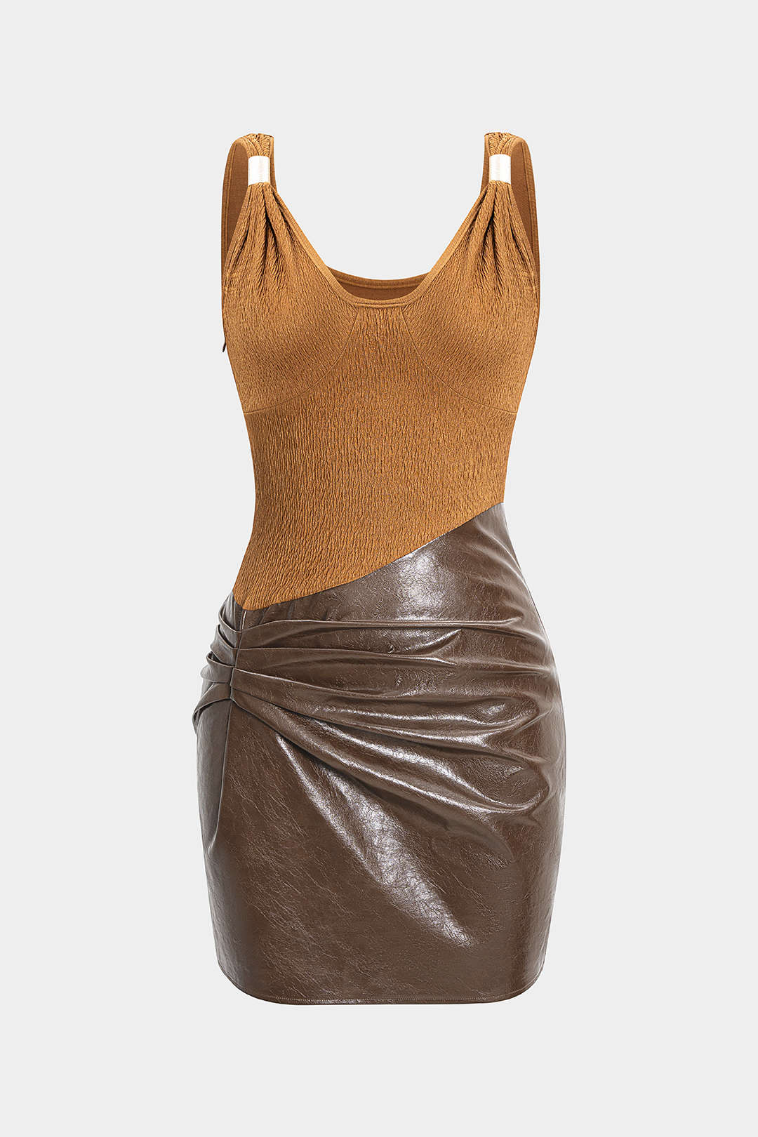 Faux Leather Jacquard Metallic Patchwork Ruched Sleeveless Midi Dress - Flockneti