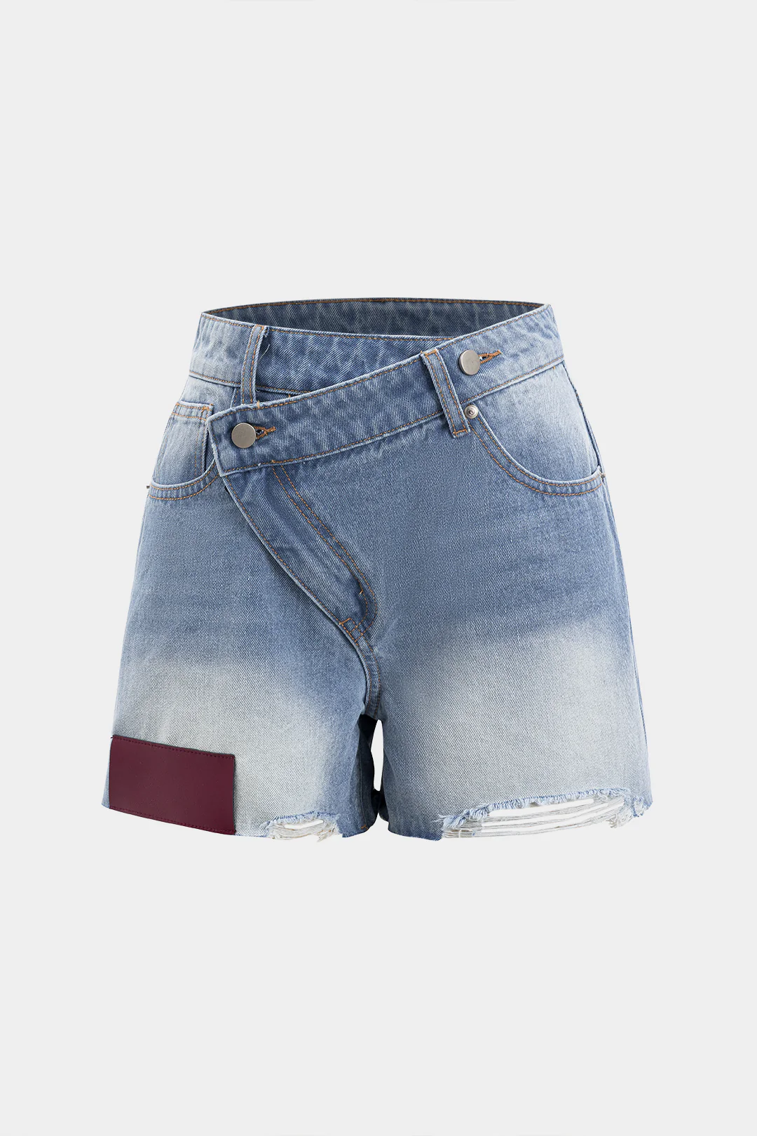 Denim Asymmetrical Button Pocket Ripped Shorts - Flockneti