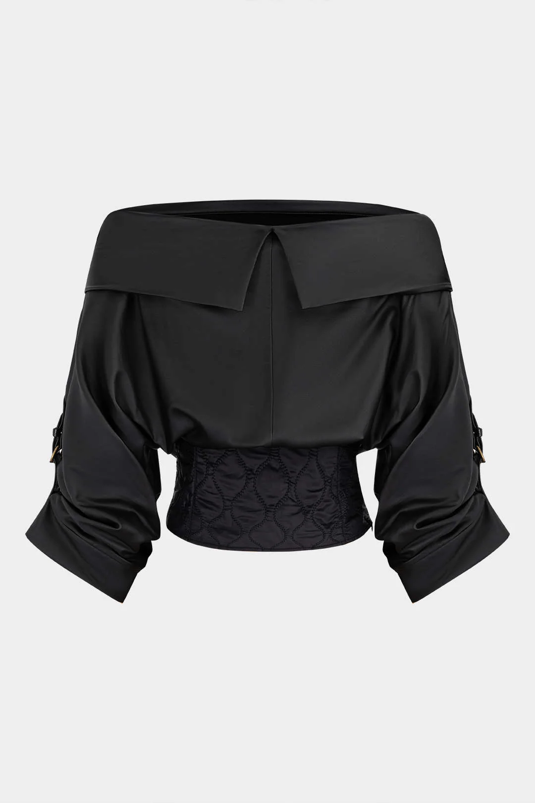 Faux Leather Quilted Patchwork Off Shoulder Long-Sleeve Shirt - Flockneti