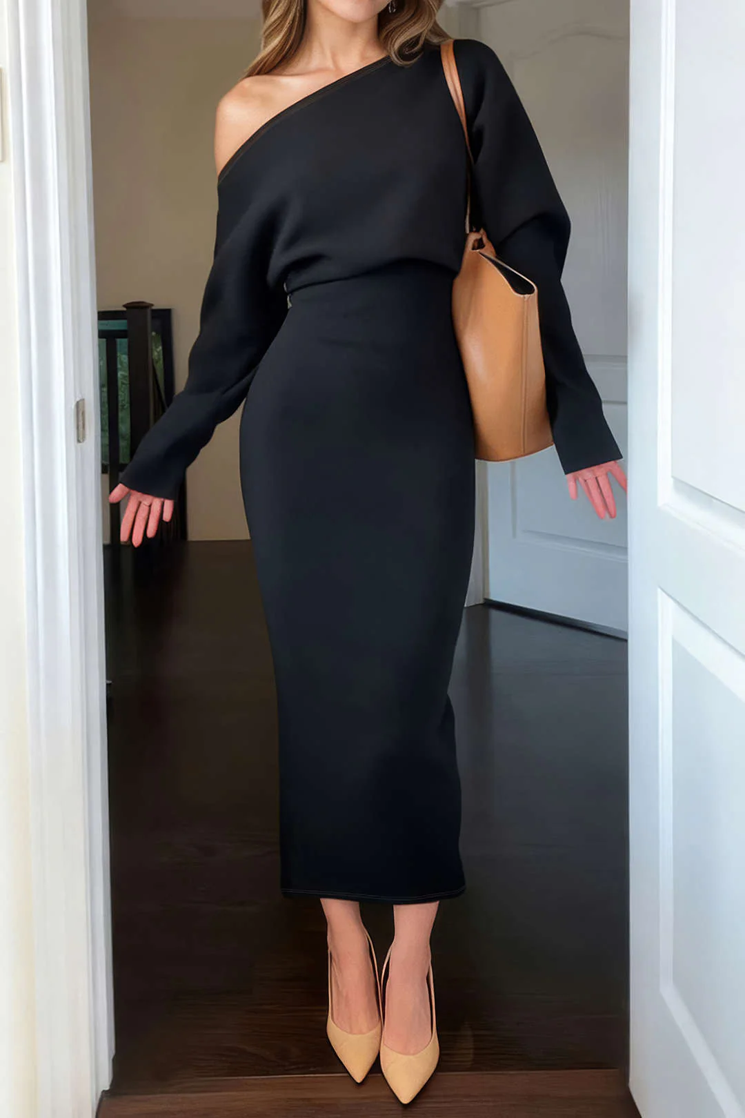One Shoulder Long Sleeve Midi Dress - Flockneti