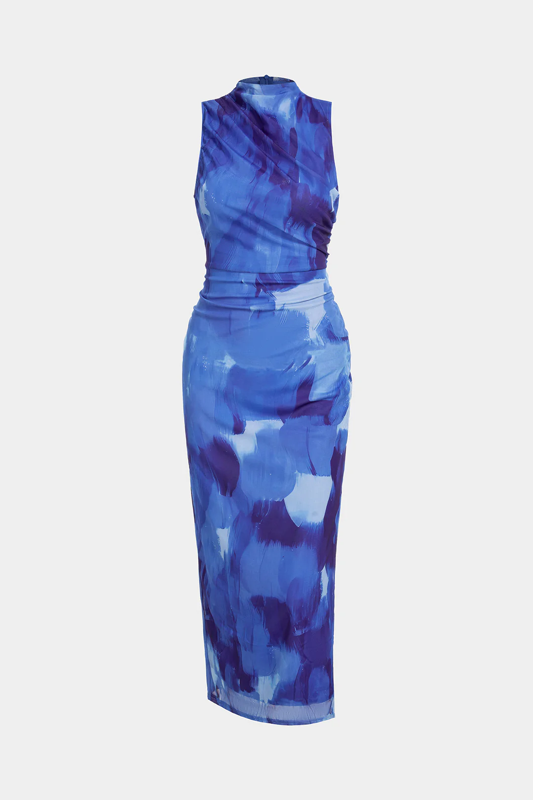 Artistic Print Mock Neck Ruched Sleeveless Maxi Dress - Flockneti