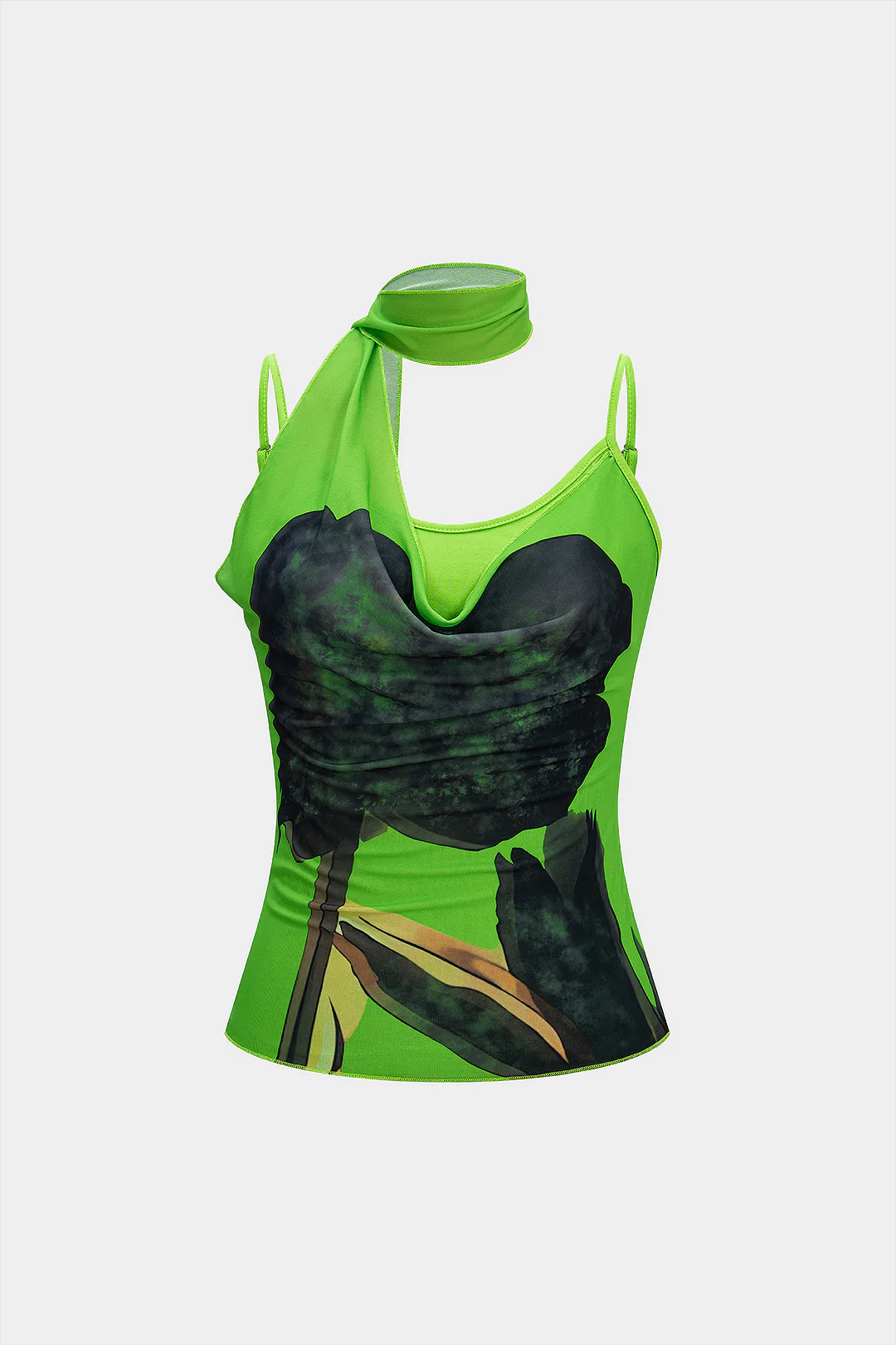 Artistic Print Draped Cowl Neck Asymmetrical Cami Top - Flockneti