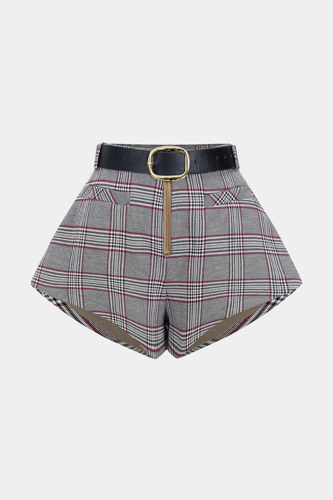 Plaid Print Belted Zipper Shorts - Flockneti
